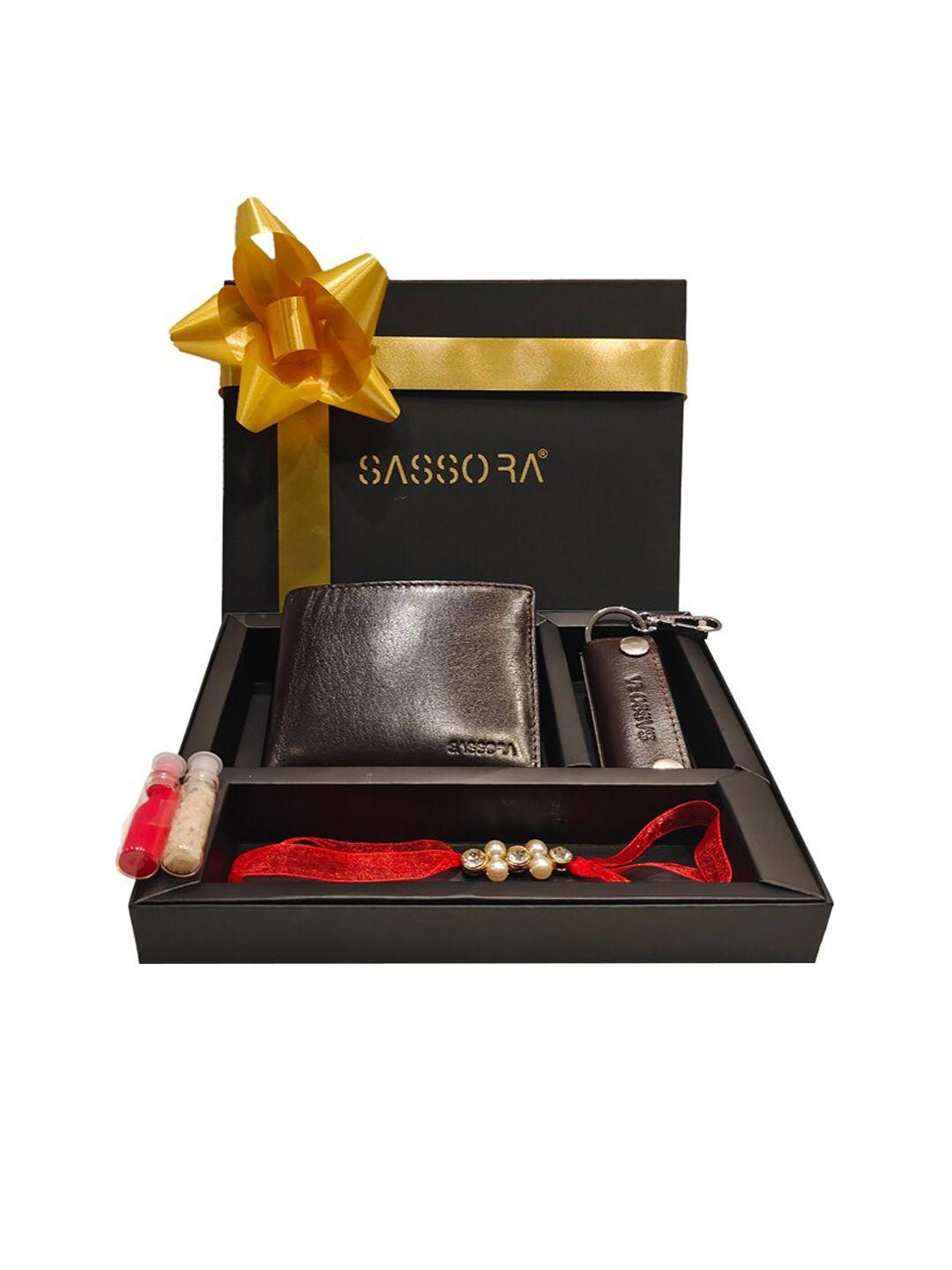sassora men genuine leather wallet, keychain and rakhi combo accessory gift set