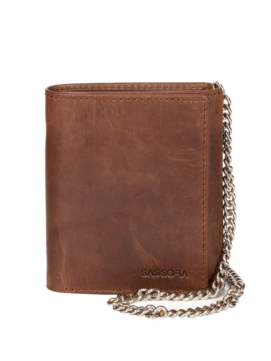 sassora men leather chain attached rfid three fold wallet