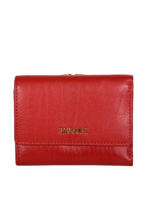 sassora red solid rfid tri-fold wallet for women