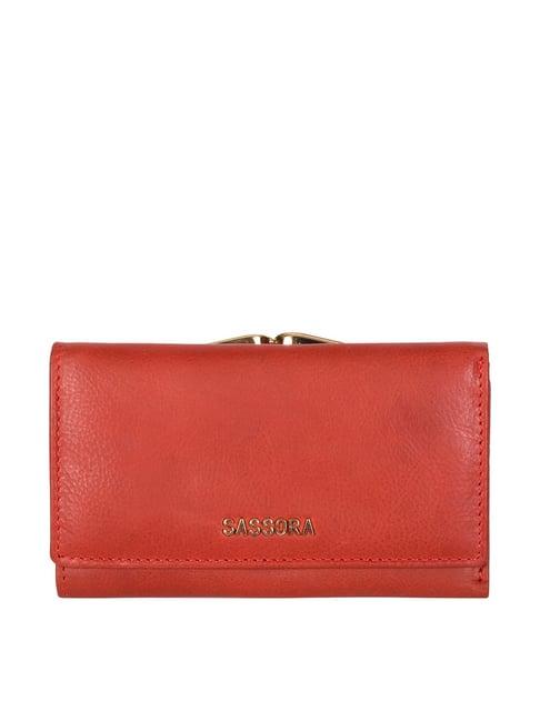 sassora red solid rfid tri-fold wallet for women