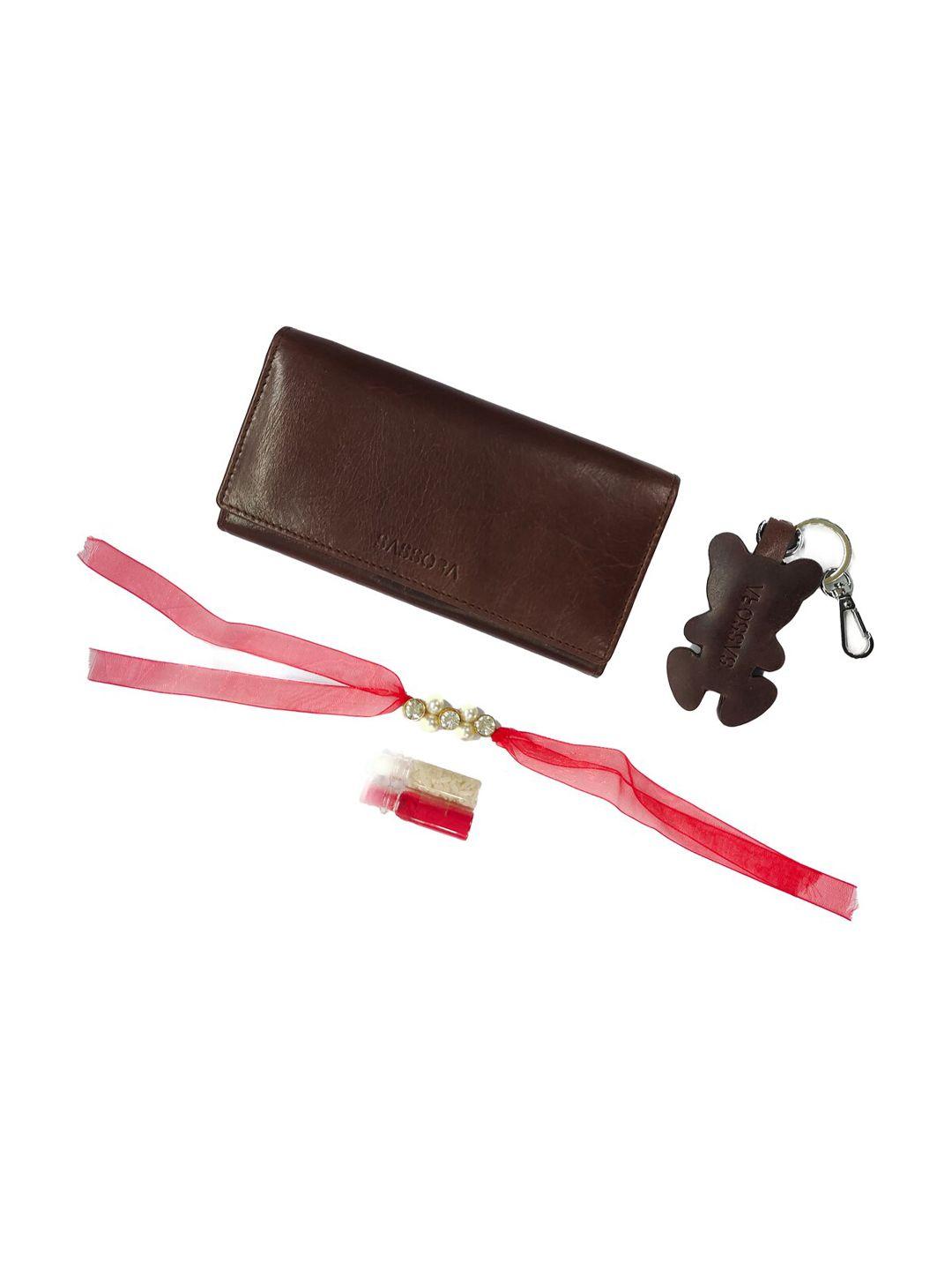 sassora set of 3 leather rfid wallet with keychain and rakhi gift set