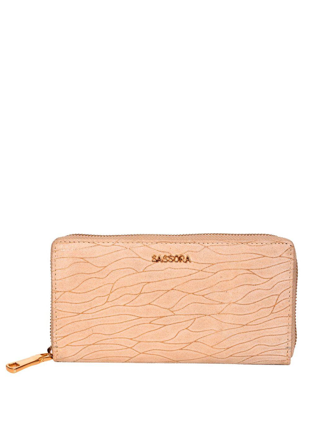 sassora women beige abstract printed leather zip around wallet
