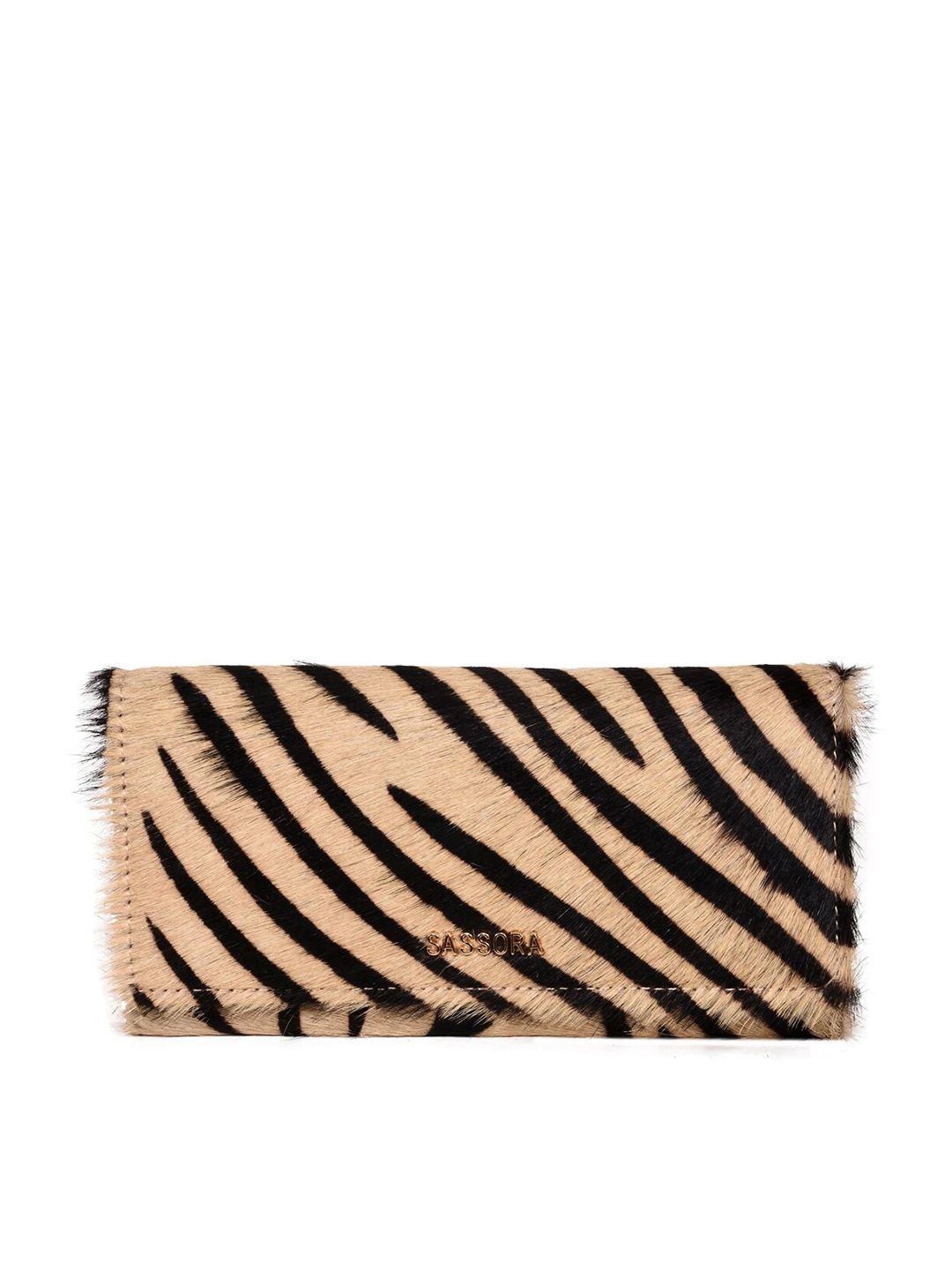 sassora women black & cream-coloured animal printed leather envelope