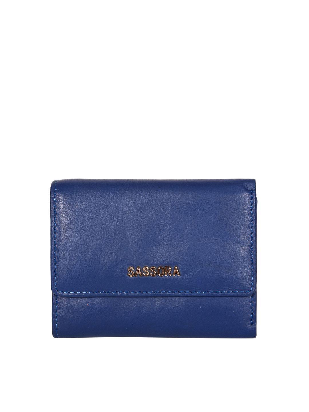 sassora women blue zip detail leather three fold wallet