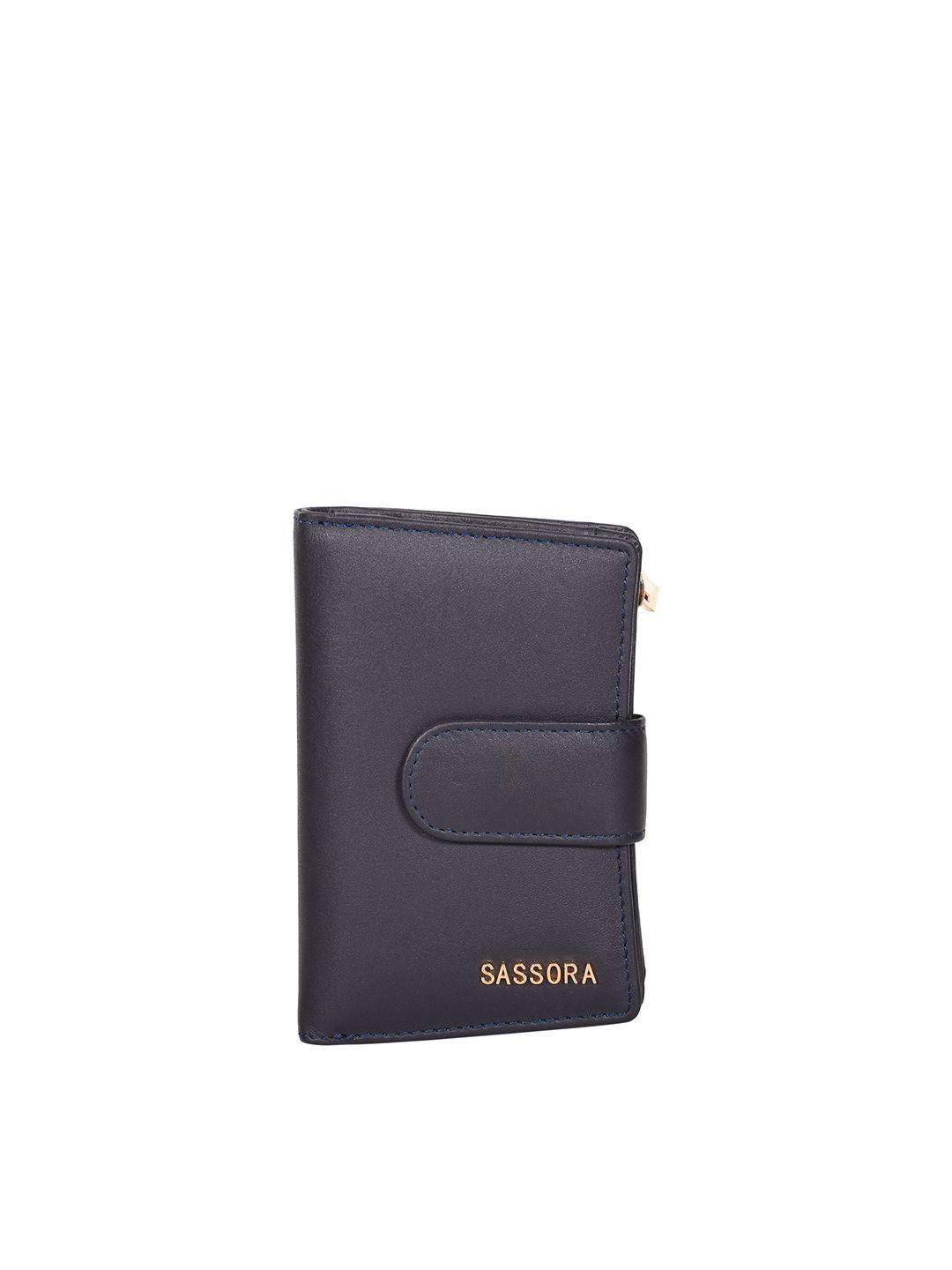 sassora women blue zip detail leather two fold wallet