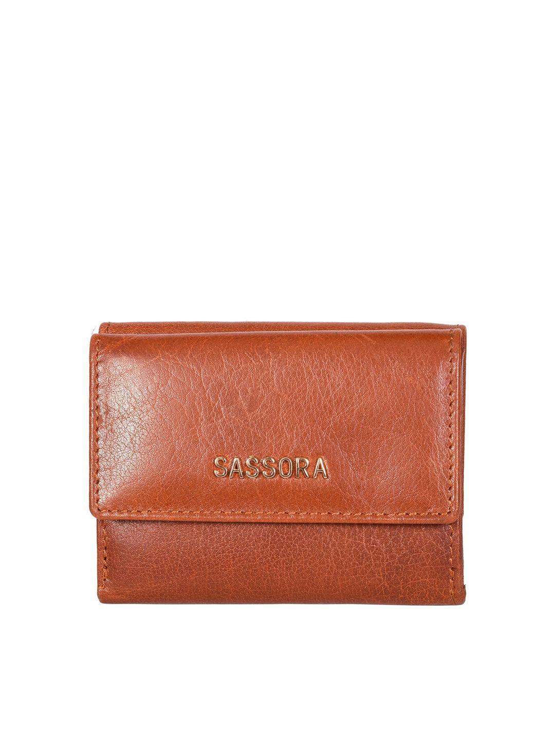 sassora women brown zip detail leather three fold wallet