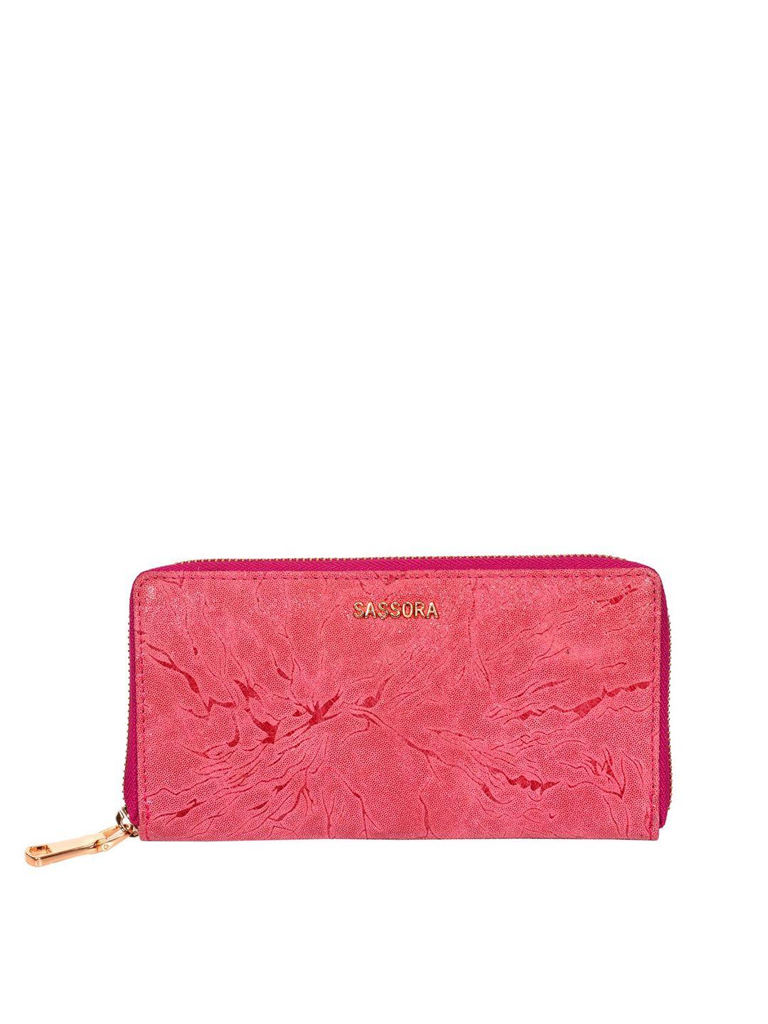 sassora women pink abstract printed leather zip around wallet