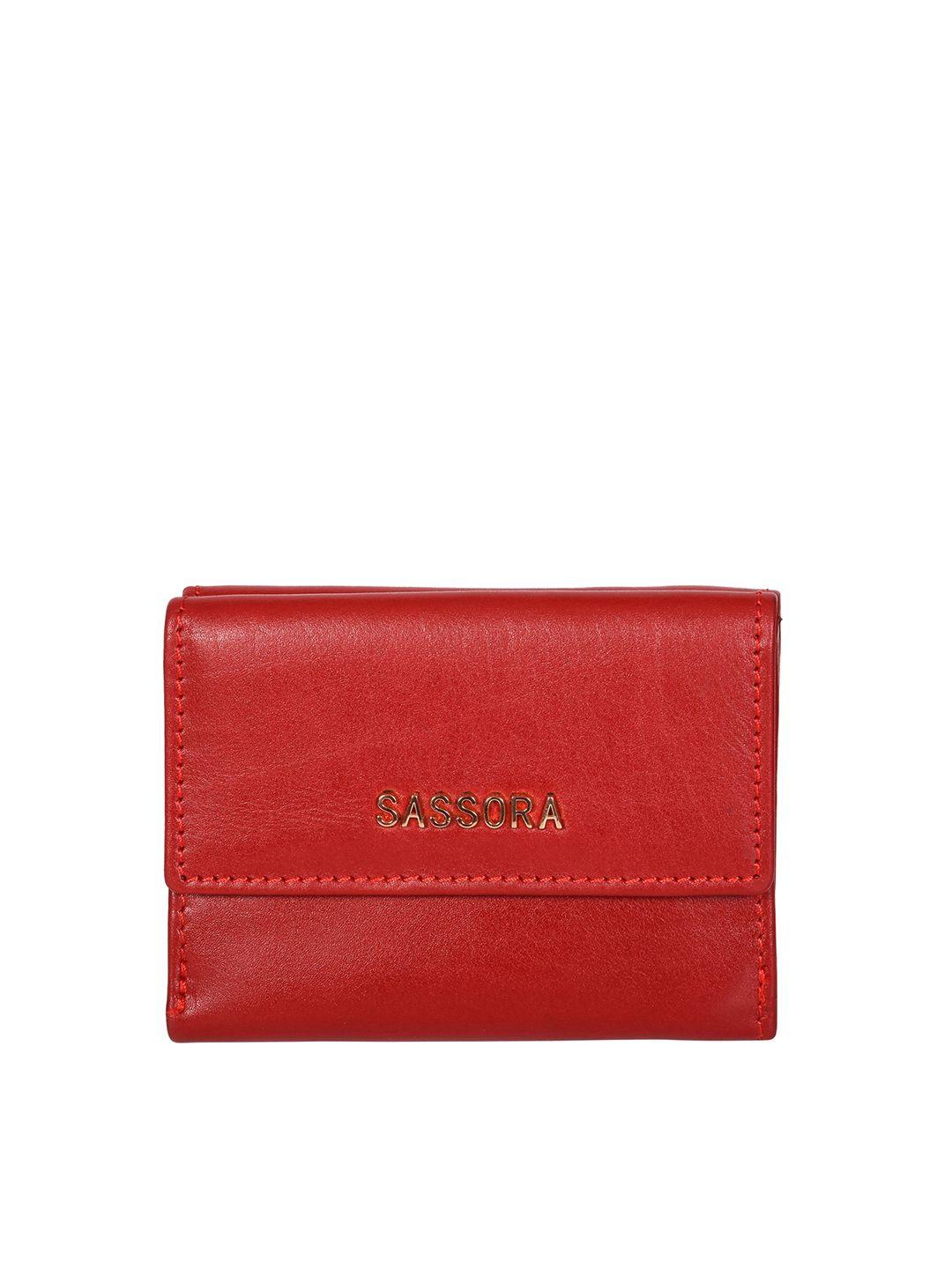 sassora women red leather three fold wallet