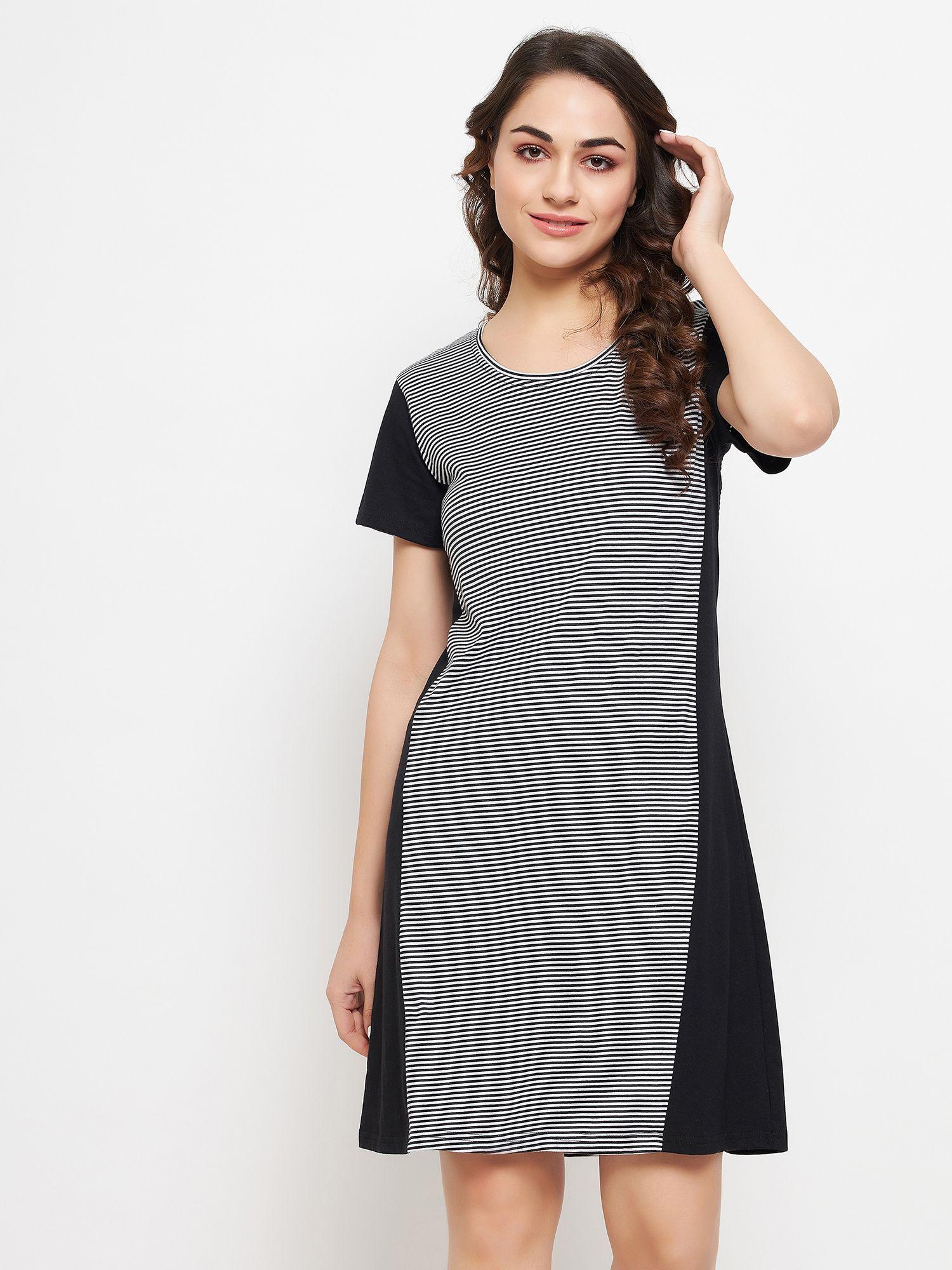 sassy stripes short night dress in black - 100 percent cotton