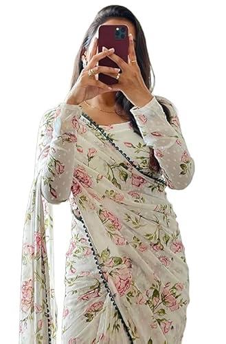 satika riti women's georgette floral digital printed ready to wear one minute saree with unstitched blouse piece, multicolour
