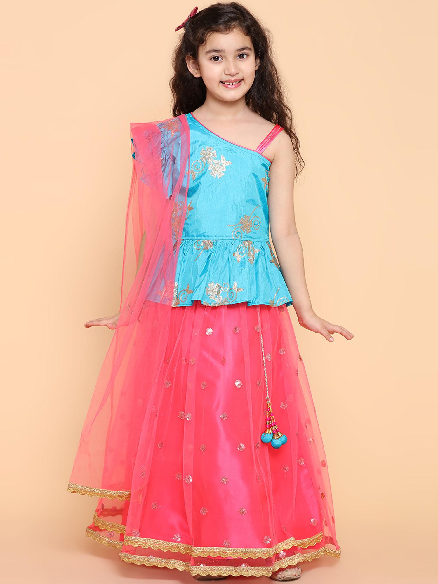 satin blend embroidered lehenga choli for girls pink (set of 3)