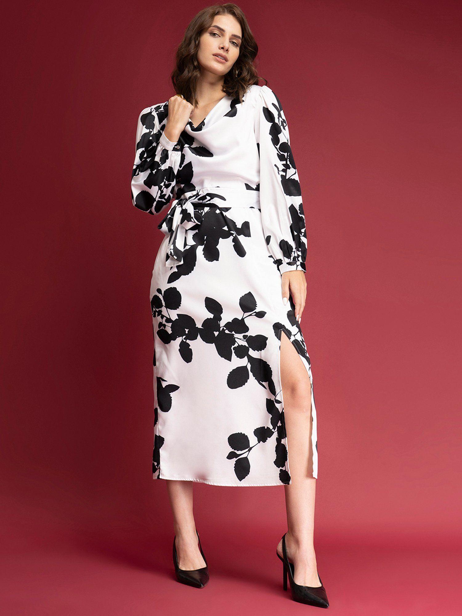 satin floral print a-line dress - black and white
