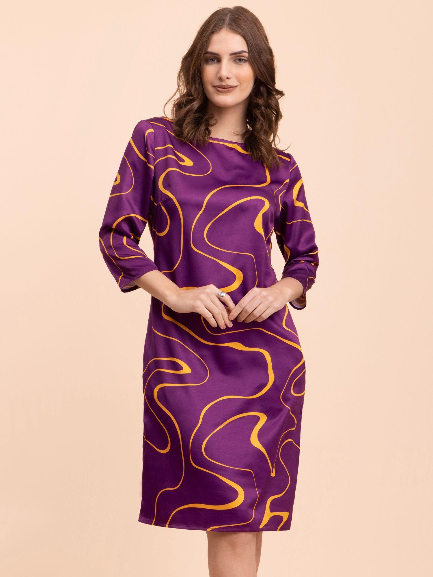 satin abstract print shift dress - purple and yellow