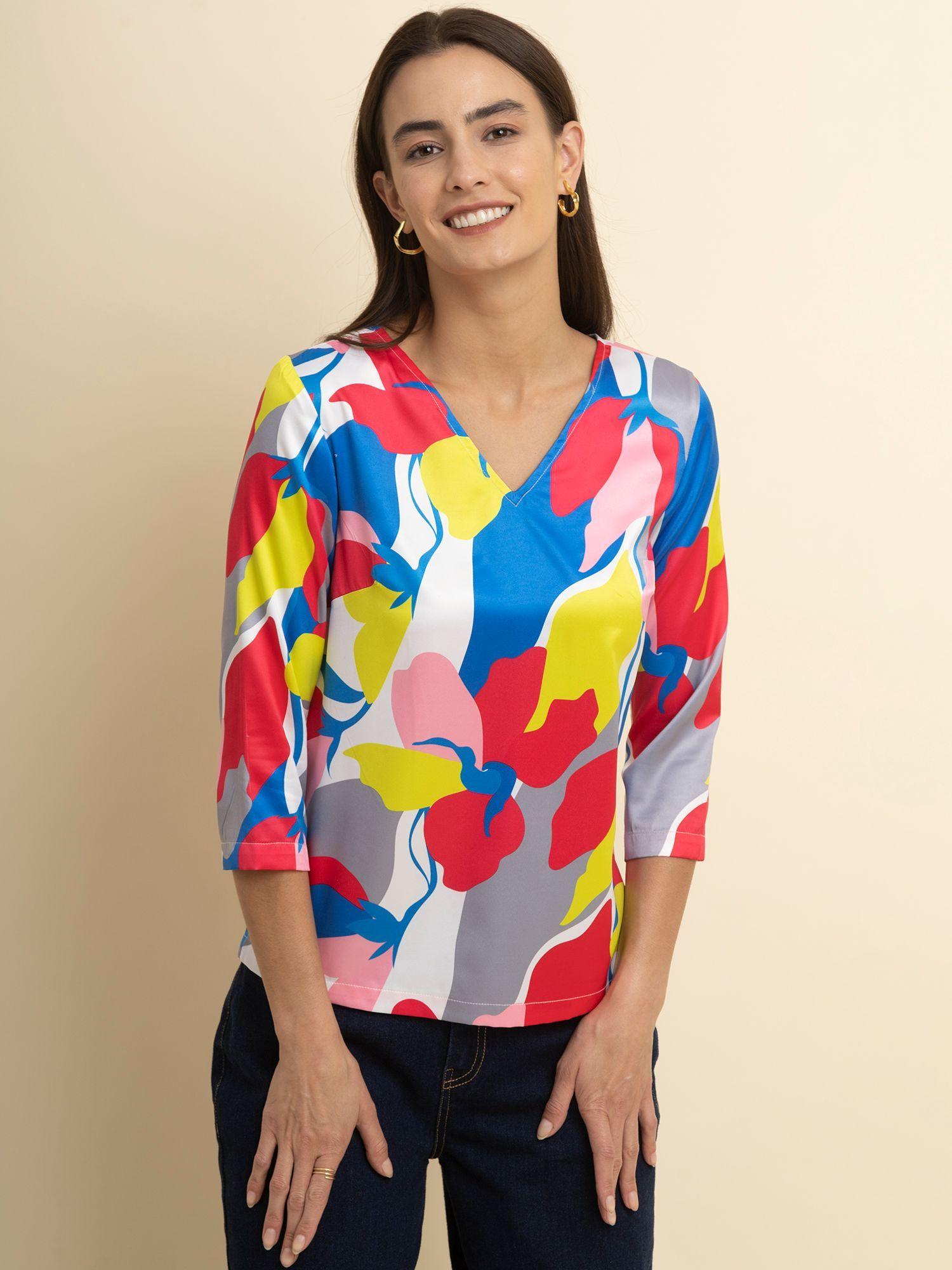 satin abstract print top - multicolour