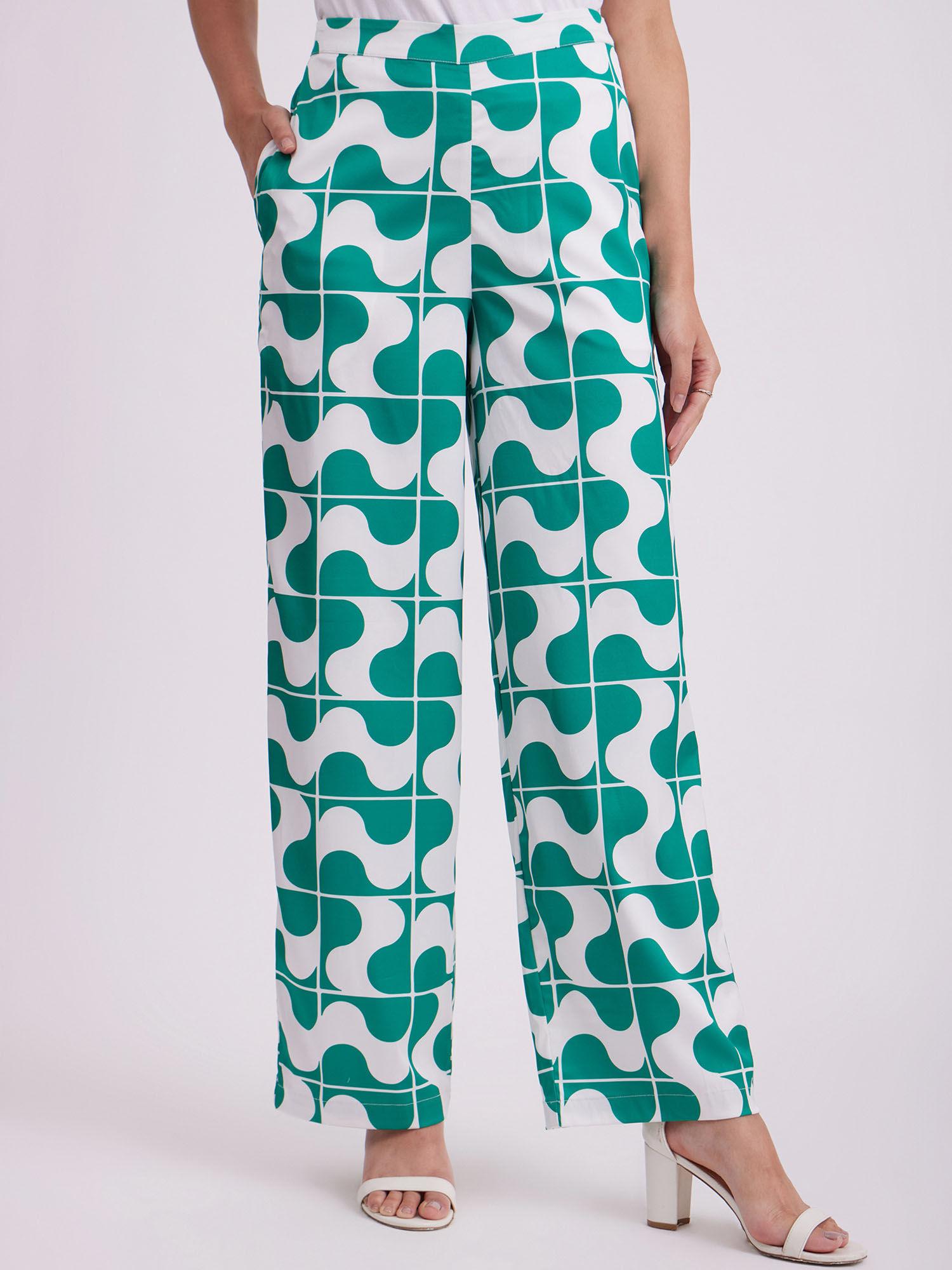 satin abstract print trouser - green and white