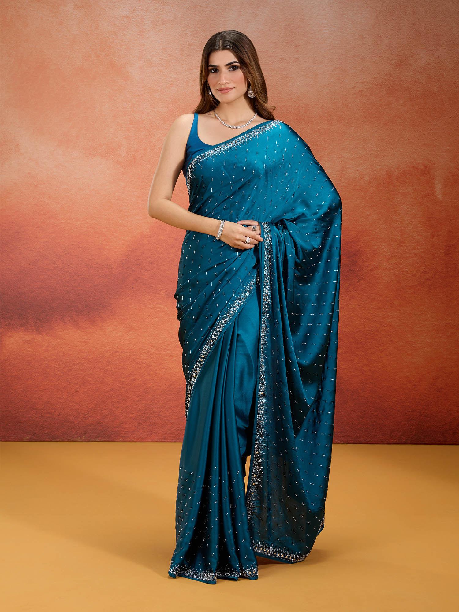 satin all over embellished teal saree with unstitched blouse likparsar18