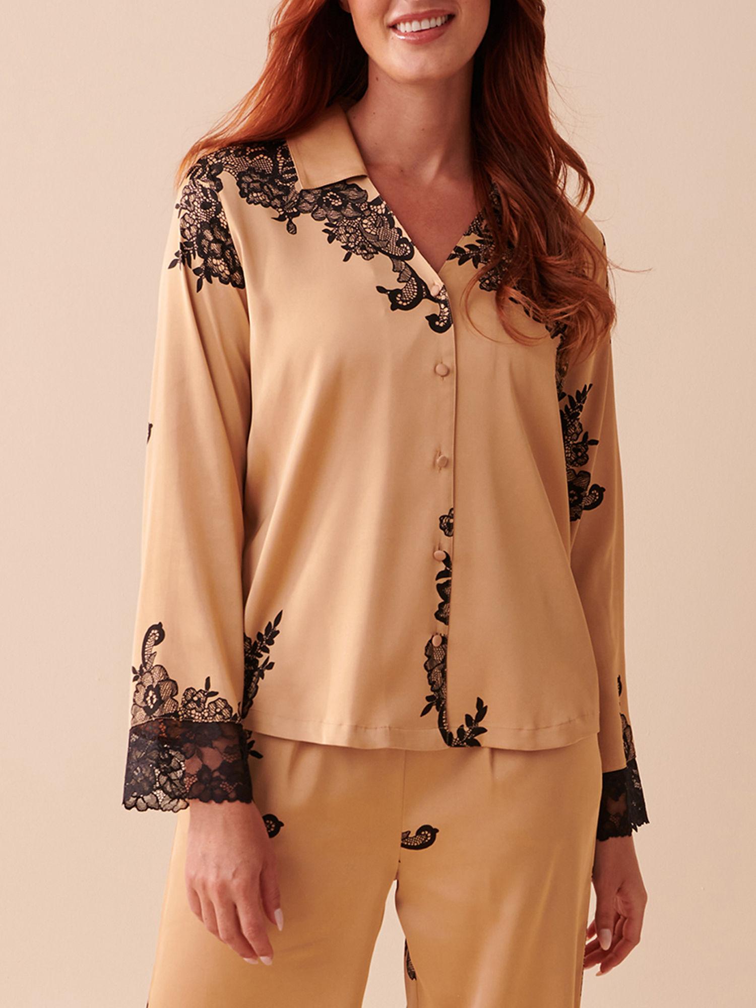 satin and lace long sleeve button-down shirt - beige