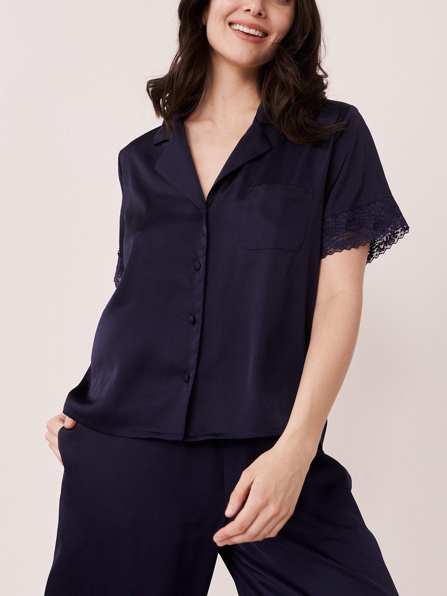 satin and lace trim button-down shirt