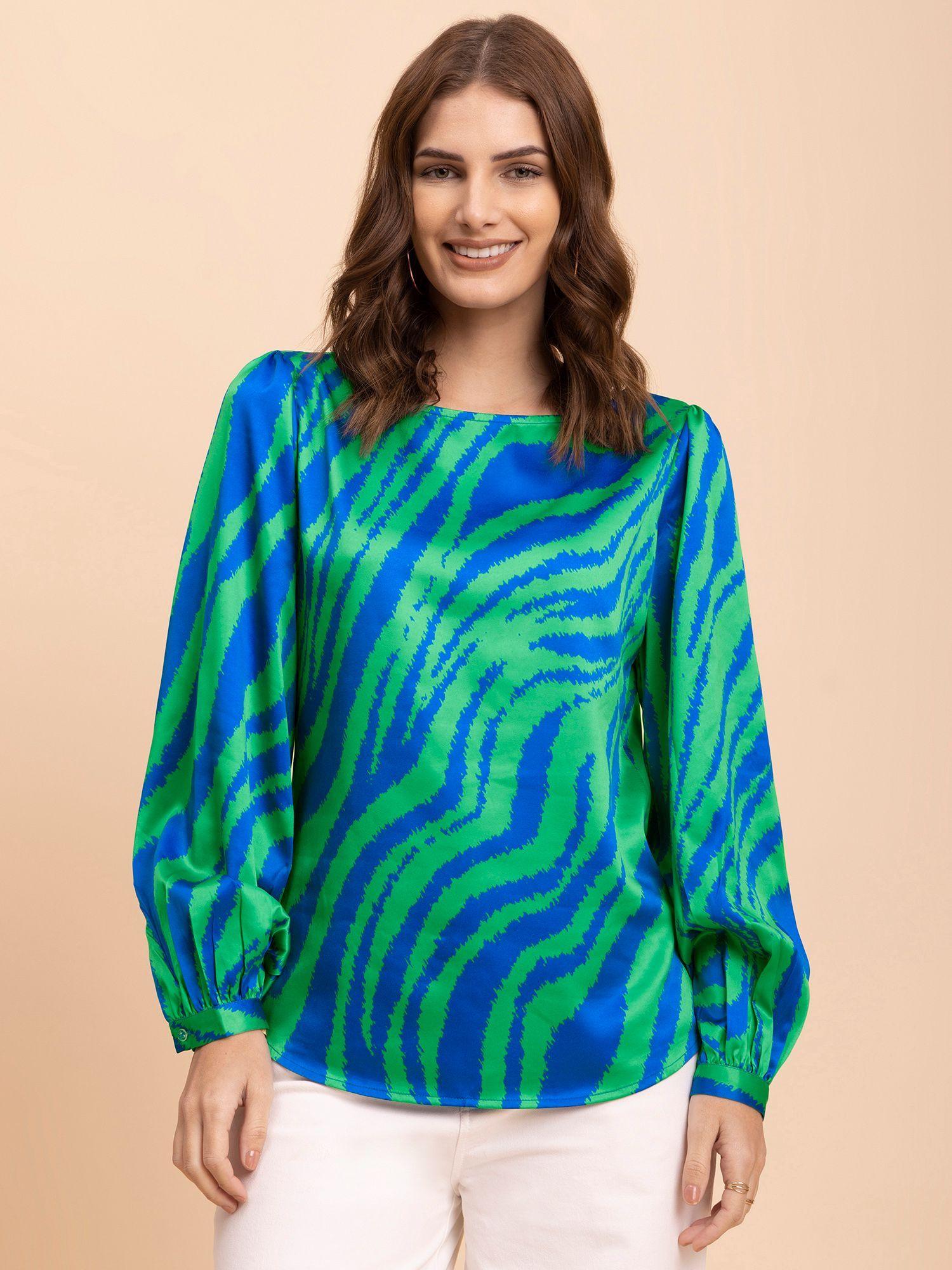 satin animal print top - royal blue and green