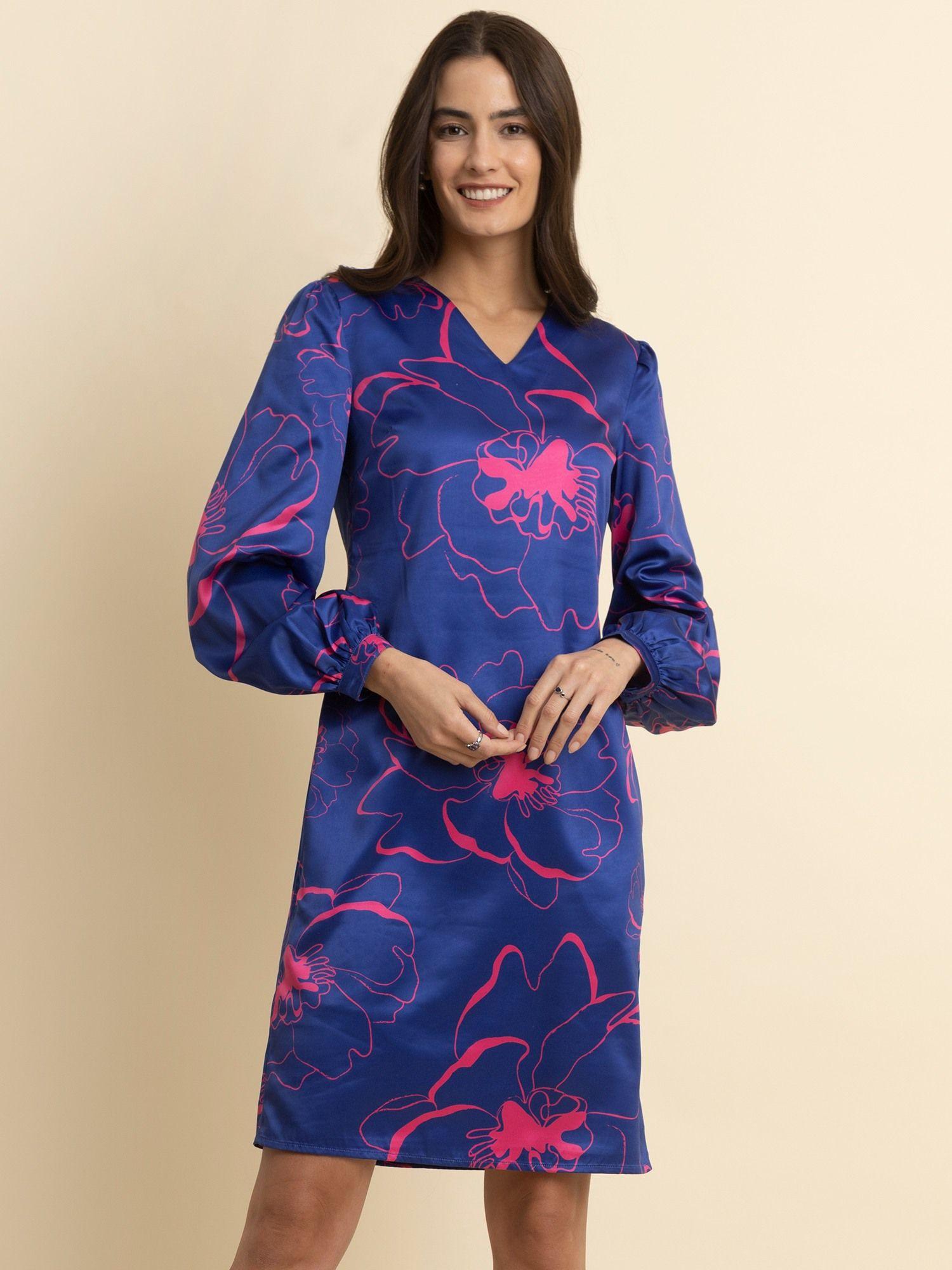 satin balloon sleeves dress blue and fuchsia