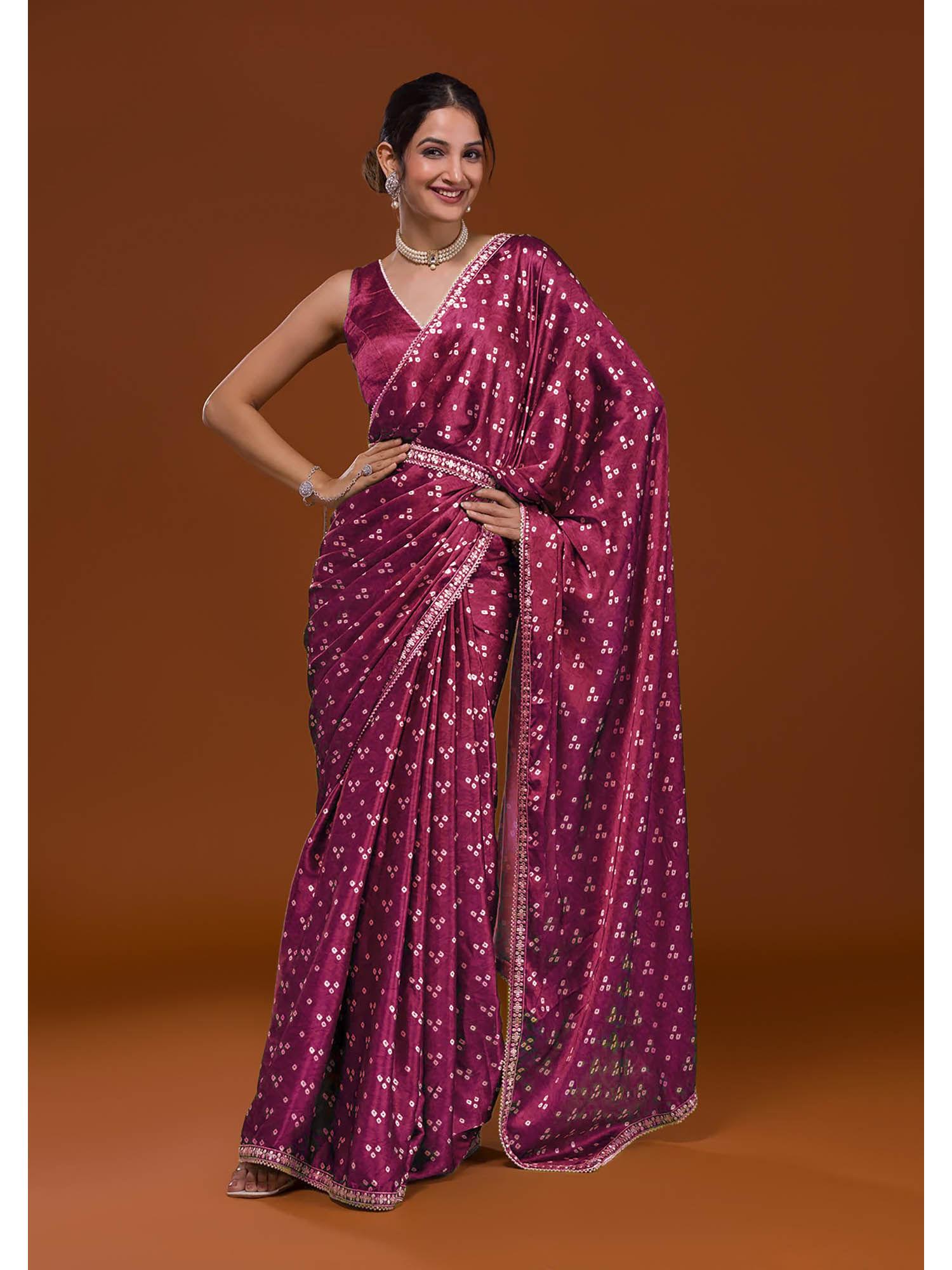 satin bandhani printed and embroidered pink saree with unstitched blouse and belt likpfsar08