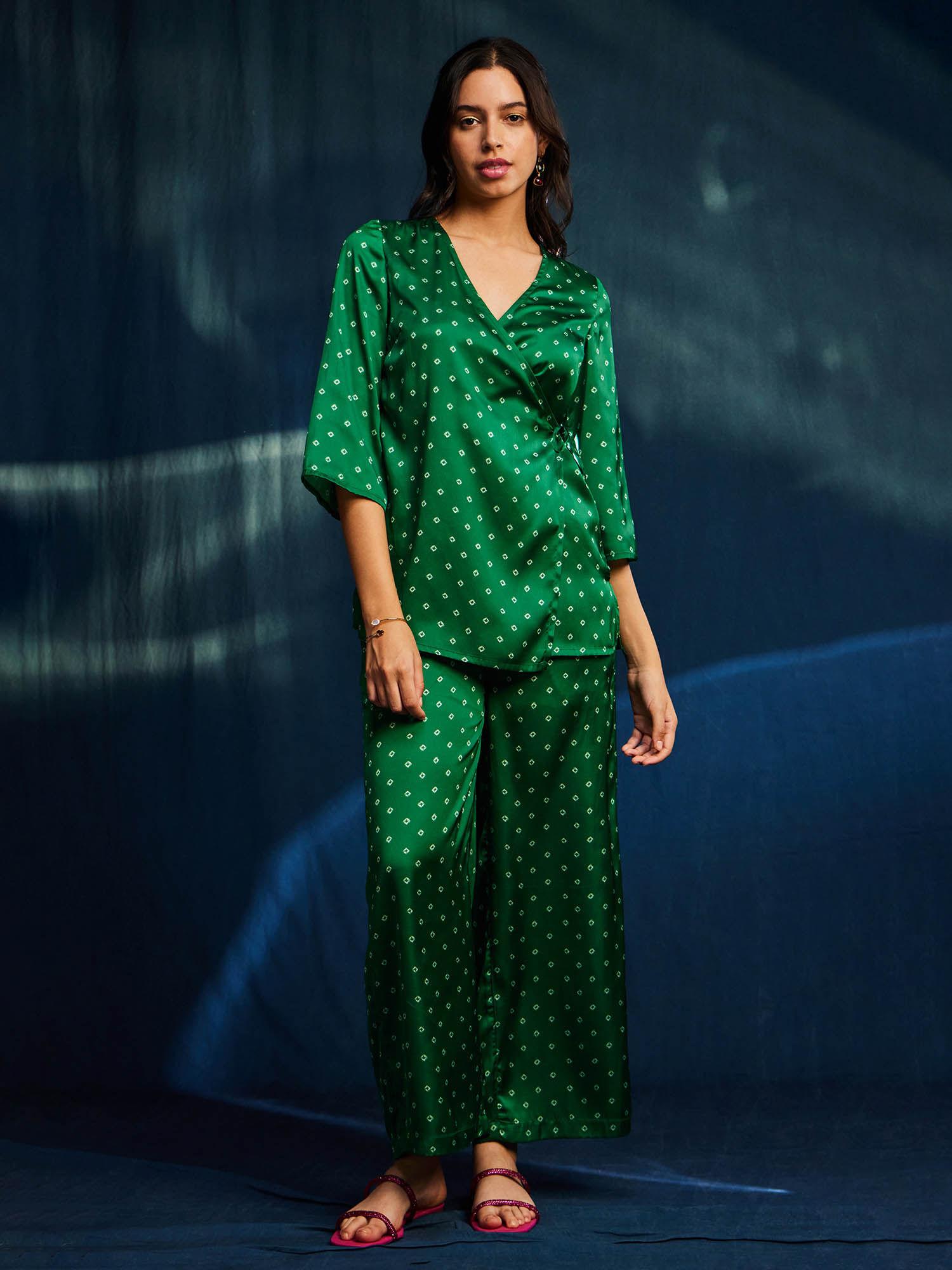 satin bandhani printed three fourth sleeves green co-ord (set of 2)