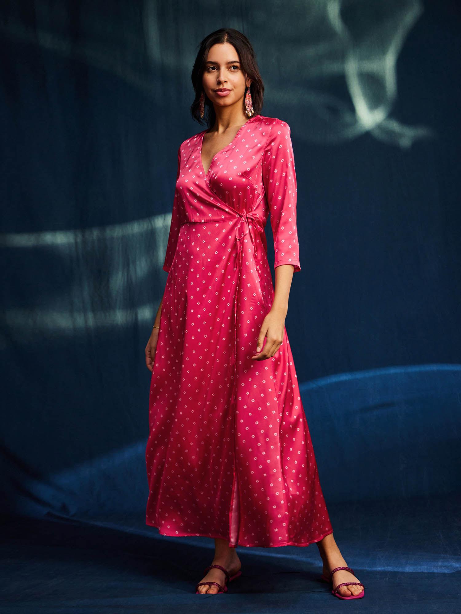 satin bandhani printed three fourth sleeves pink maxi dress