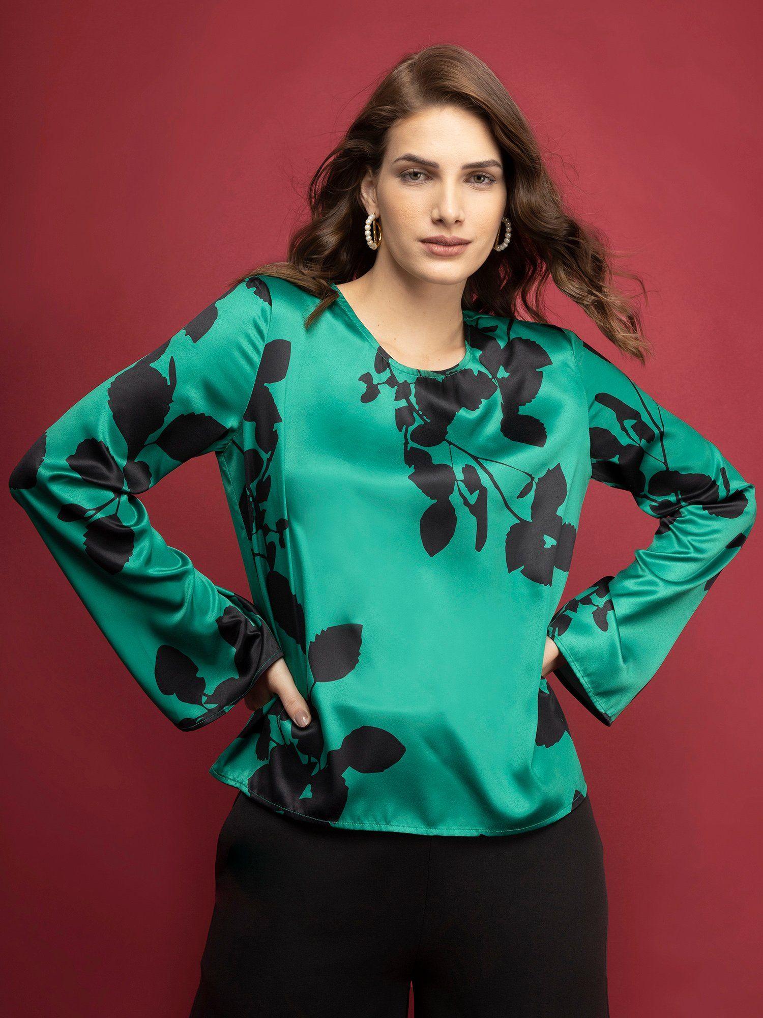 satin bell sleeve top - green and black