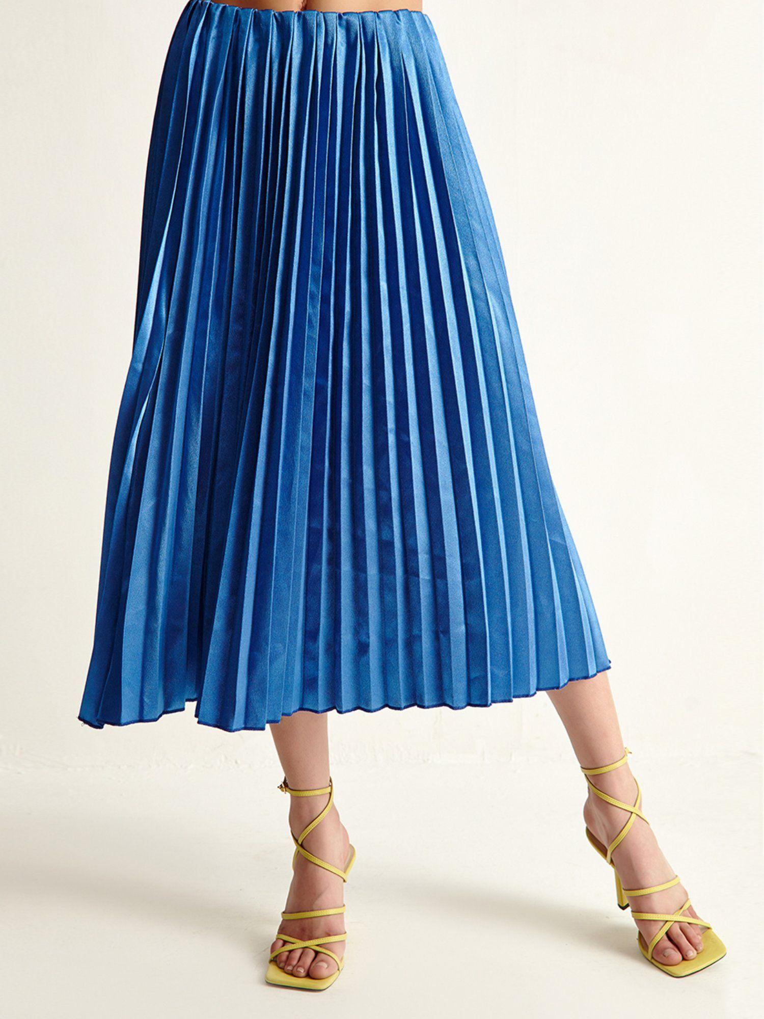 satin blue pleated skirt