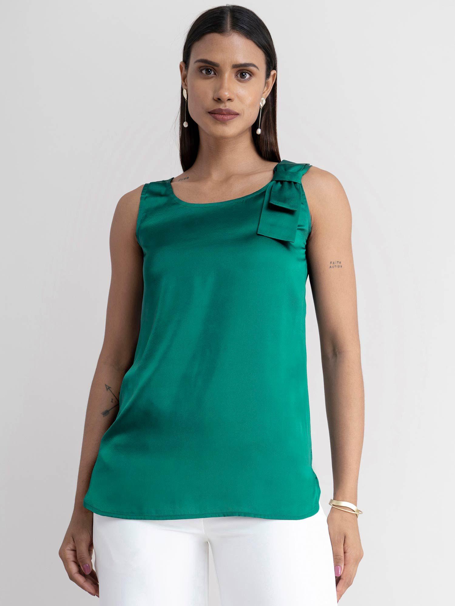 satin bow detail top - emerald