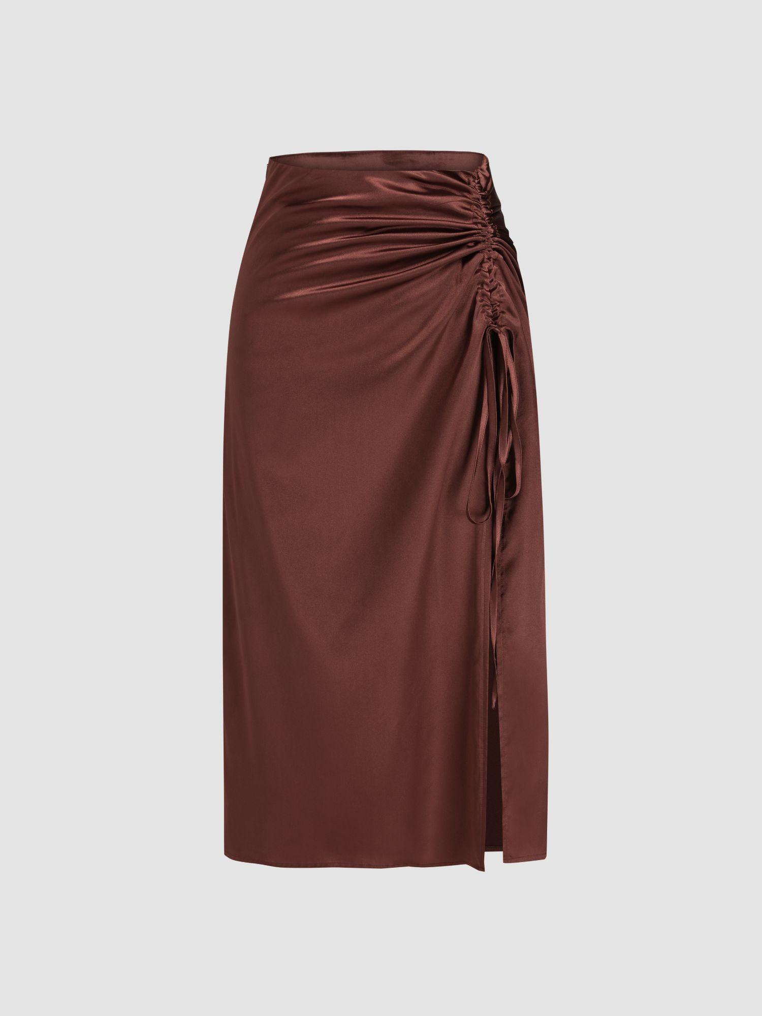 satin brown drawstring midi skirt