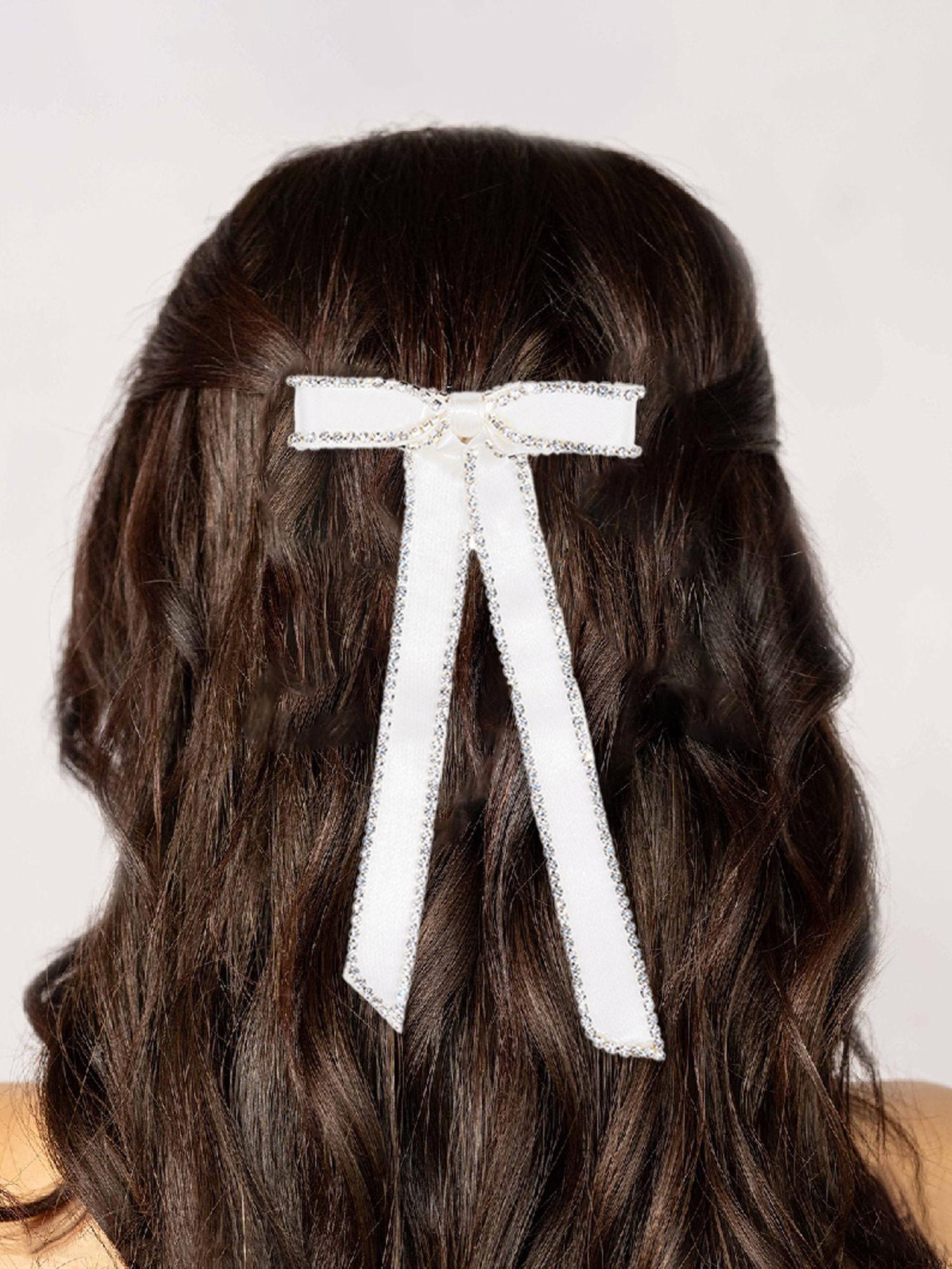 satin crystal hair bow alligator clip - off-white