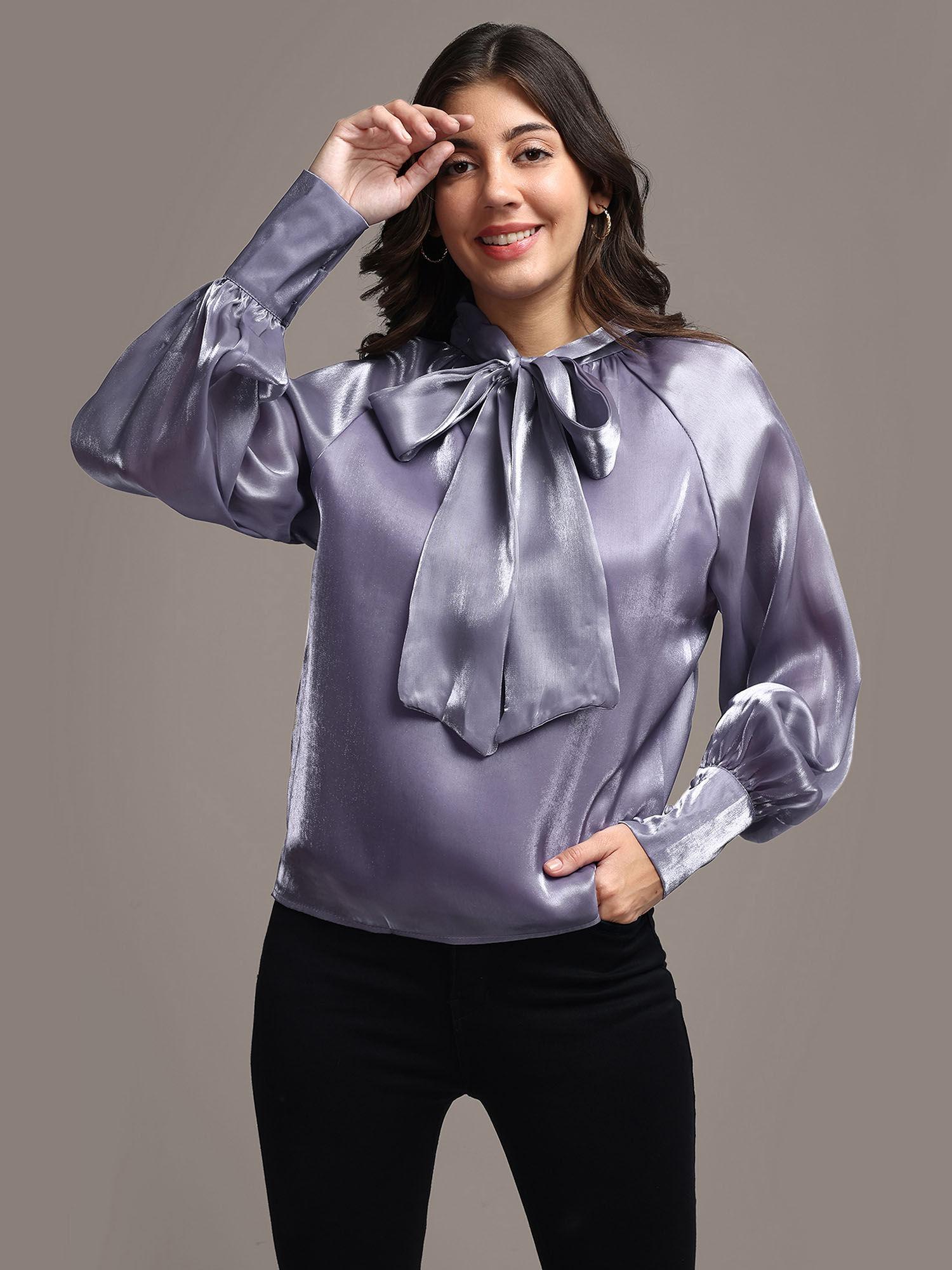 satin cuffed sleeve neck tie-up top