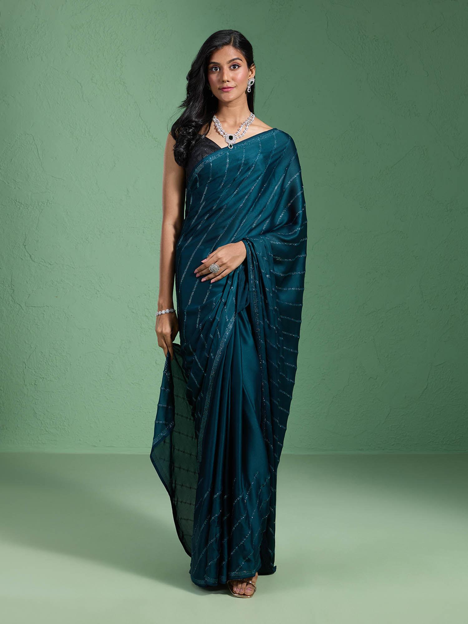 satin embellished emerald green saree with unstitched blouse likparsar17