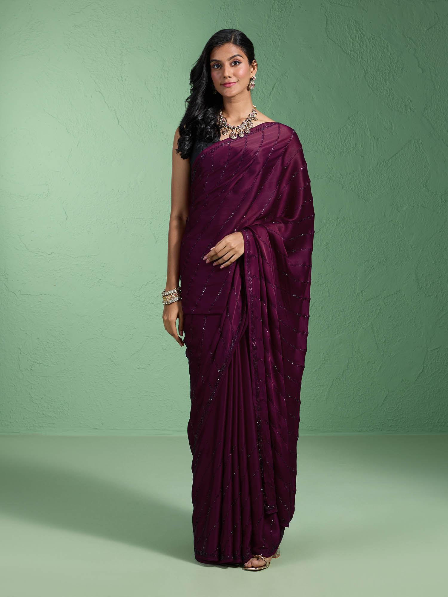 satin embellished wine saree with unstitched blouse likparsar17