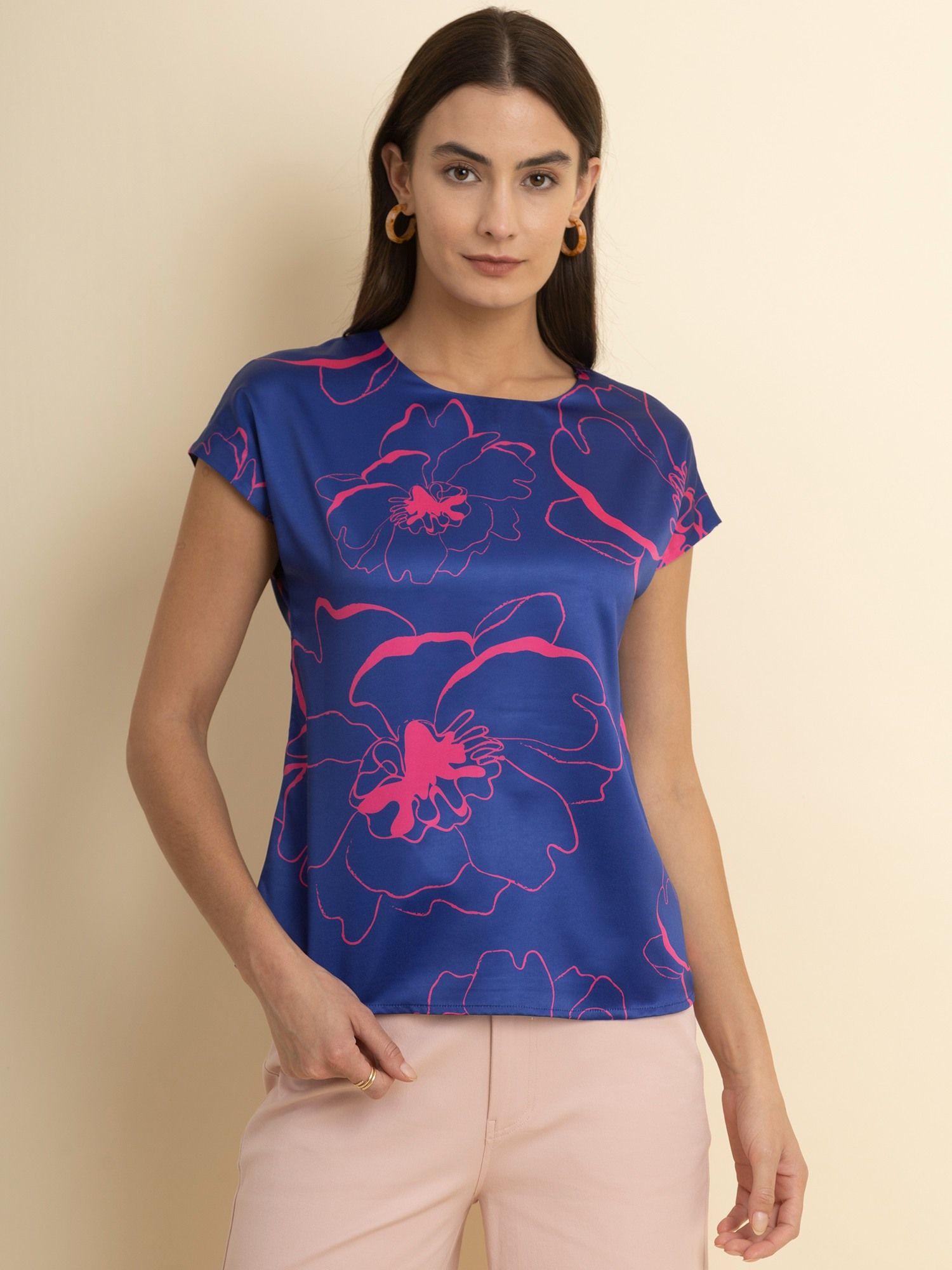 satin floral drop shoulder top blue