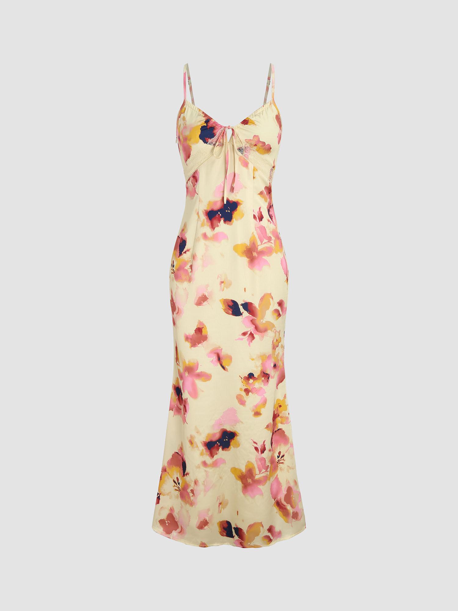 satin floral knotted v-neck maxi dress