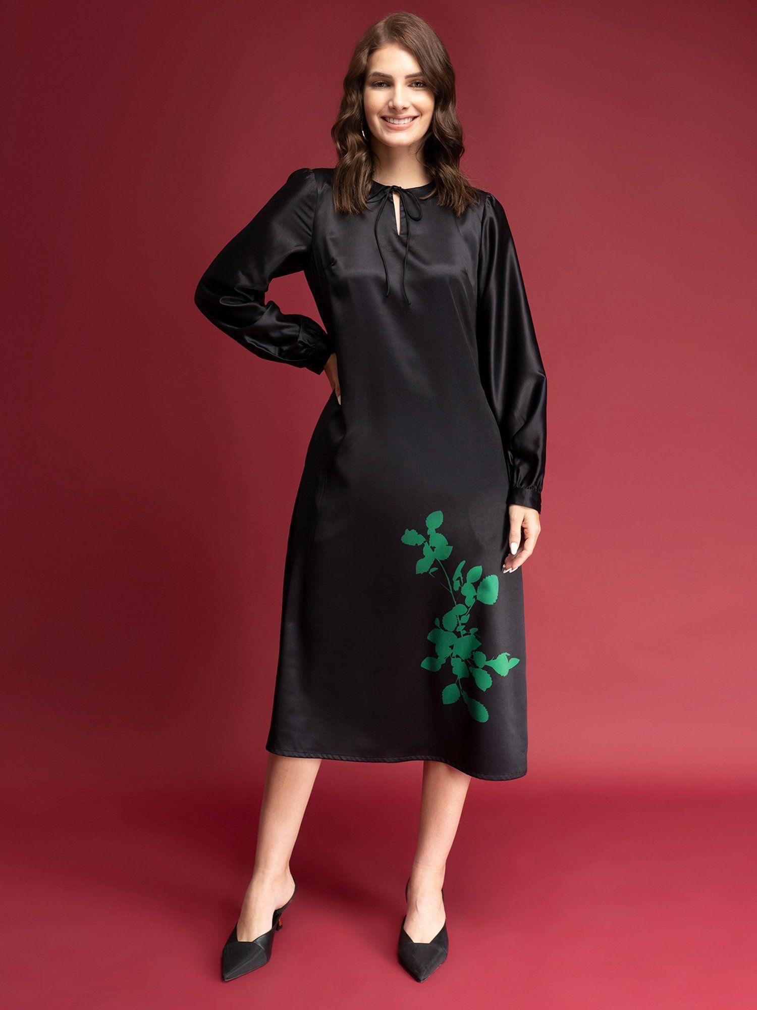 satin floral print a-line dress - black and green