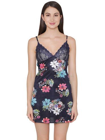 satin floral print babydoll with lacy cups - multi-color