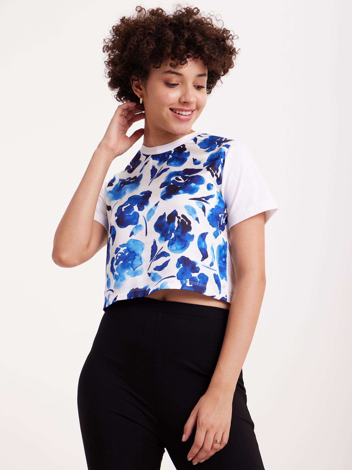 satin floral print top - blue and white