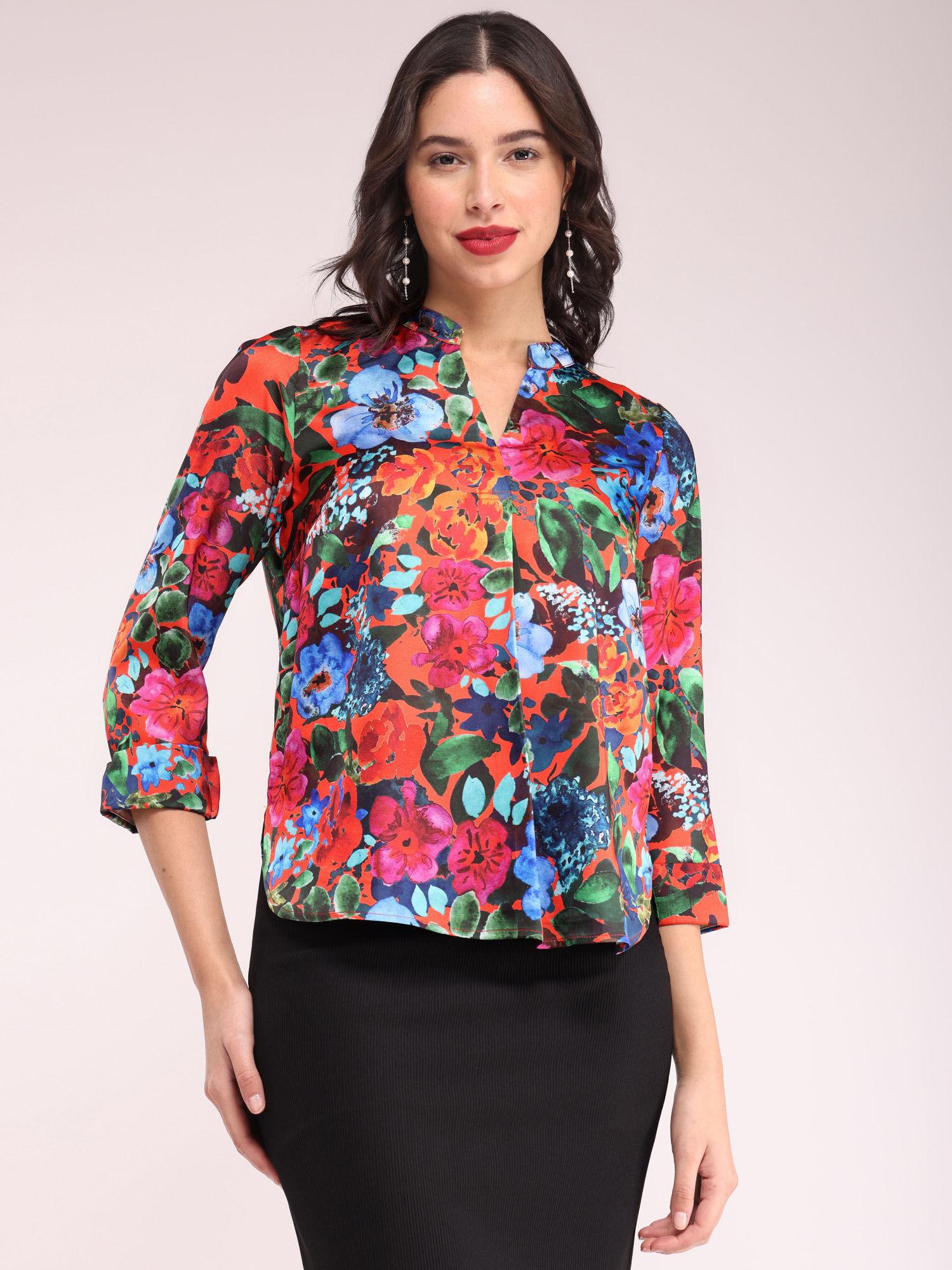 satin floral print top - multi colour