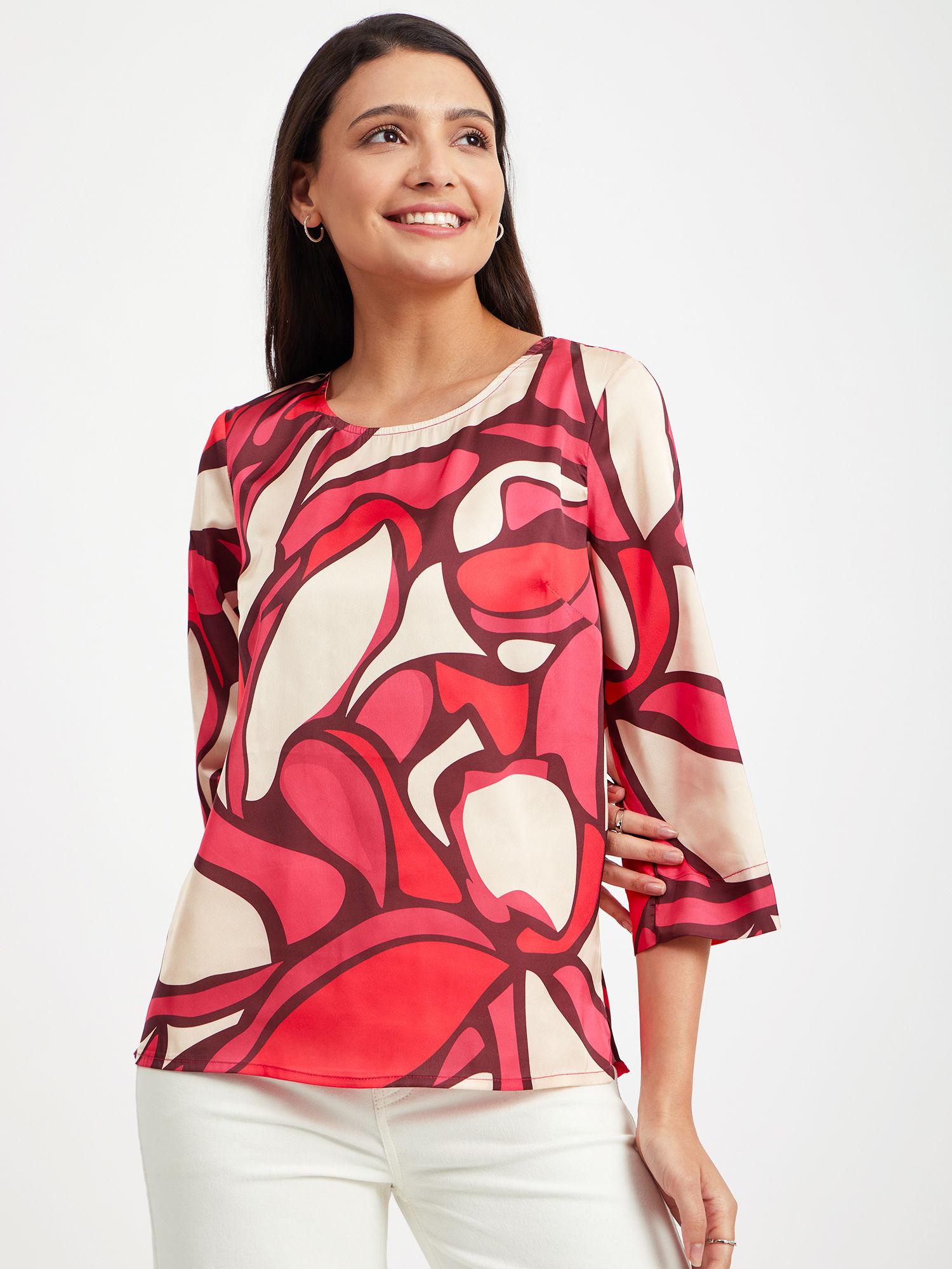 satin floral print top - red and beige