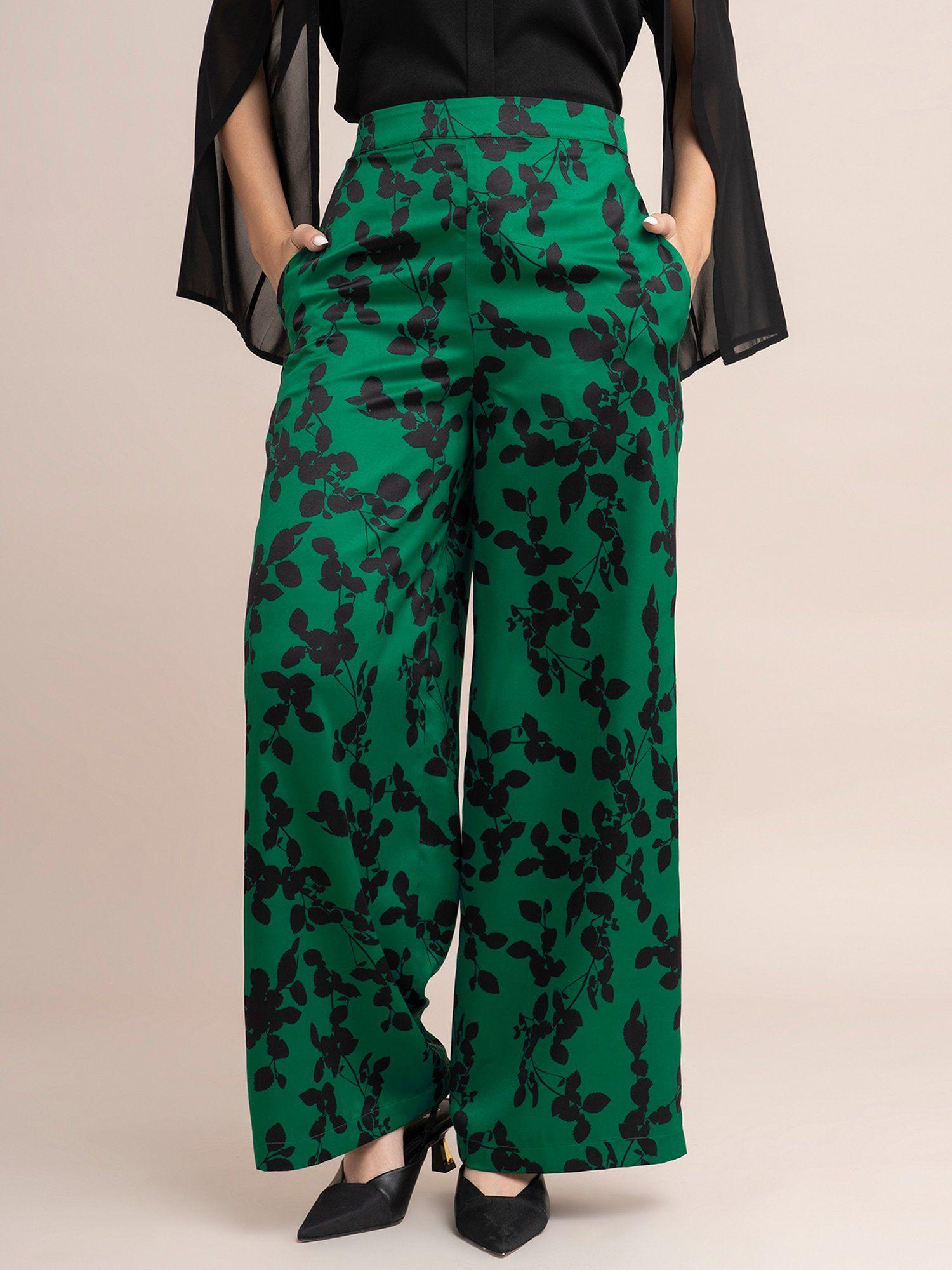 satin floral print trousers - green and black