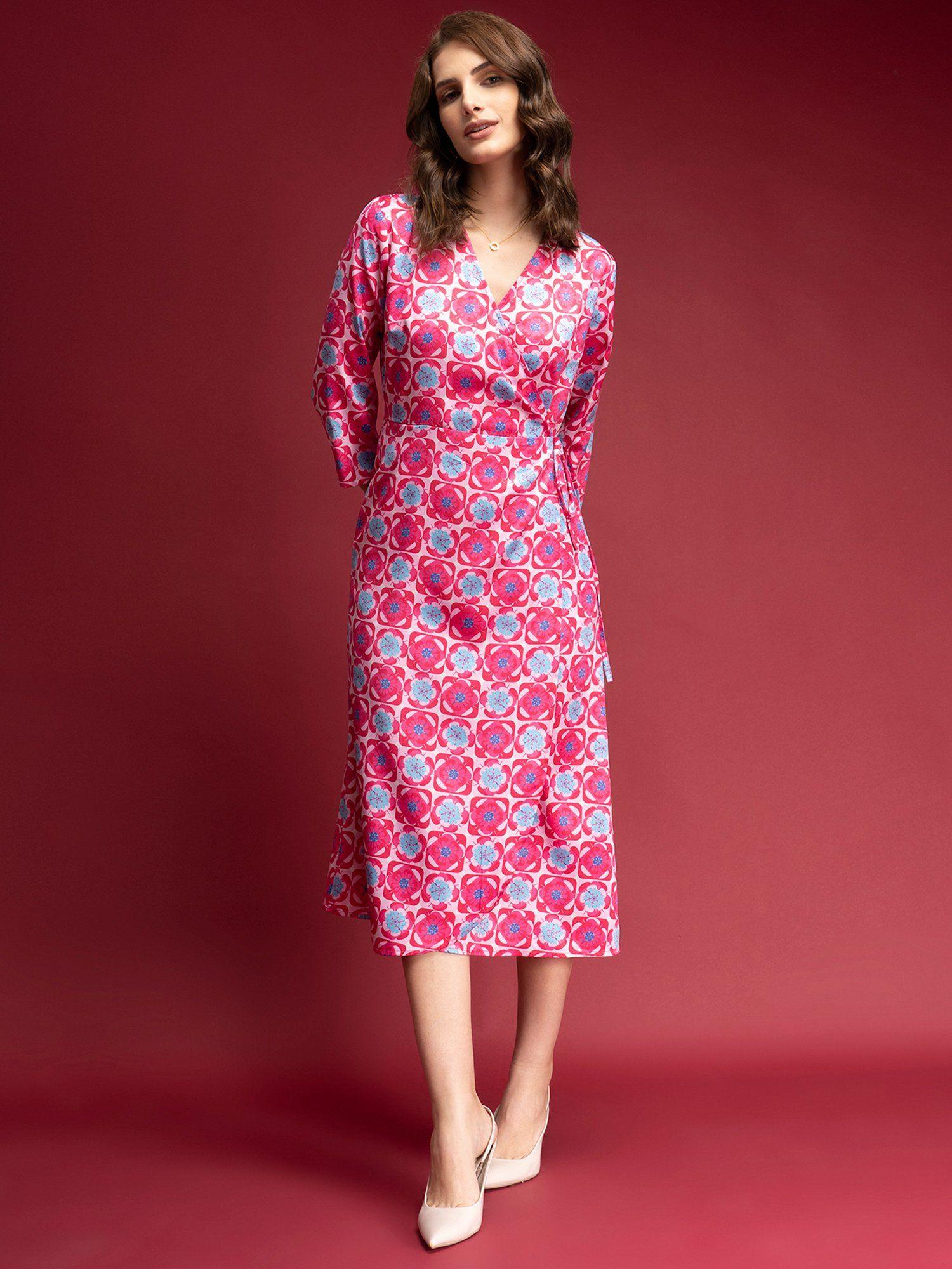 satin floral print wrap dress - pink