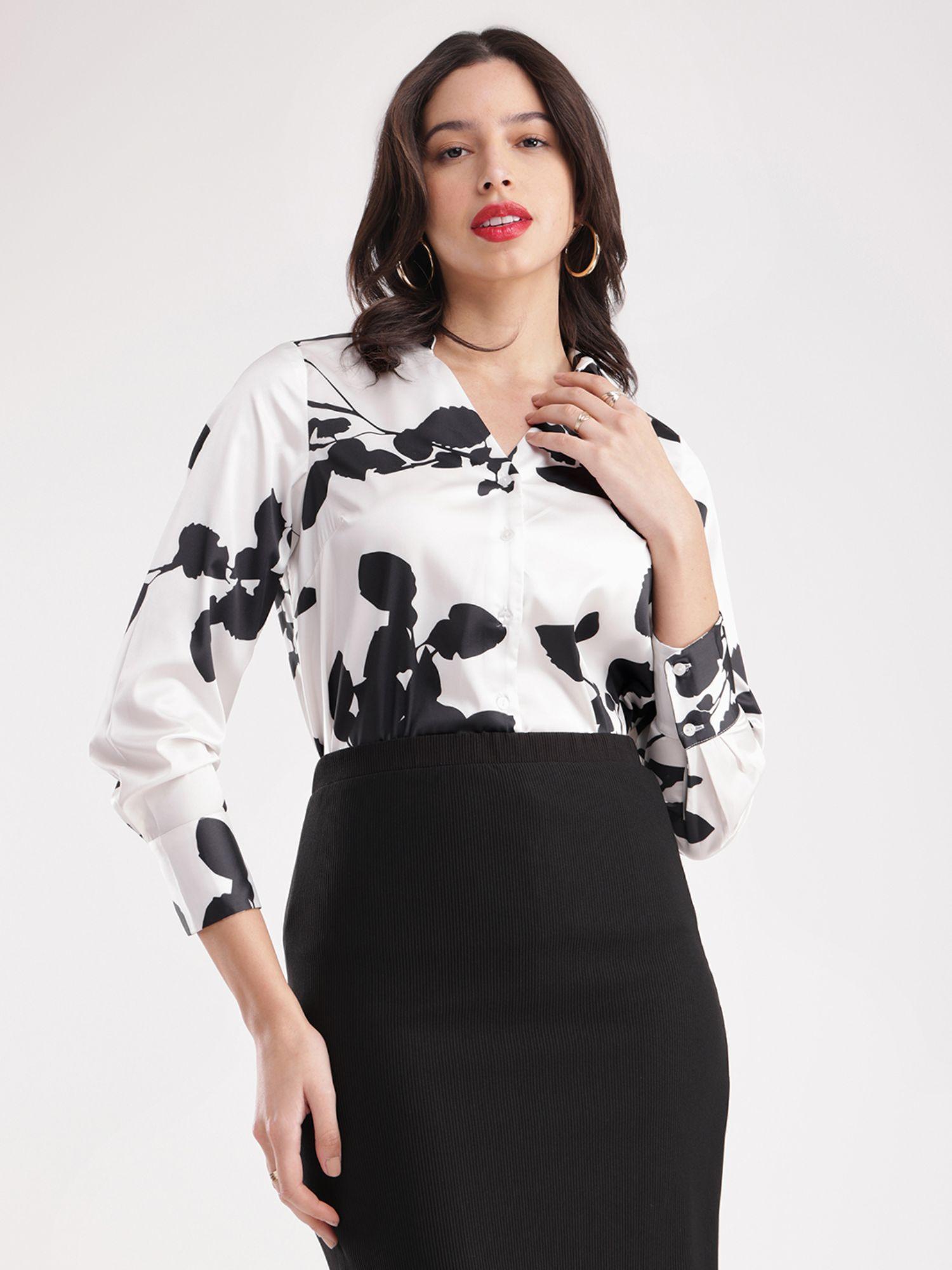 satin floral shirt - white and black