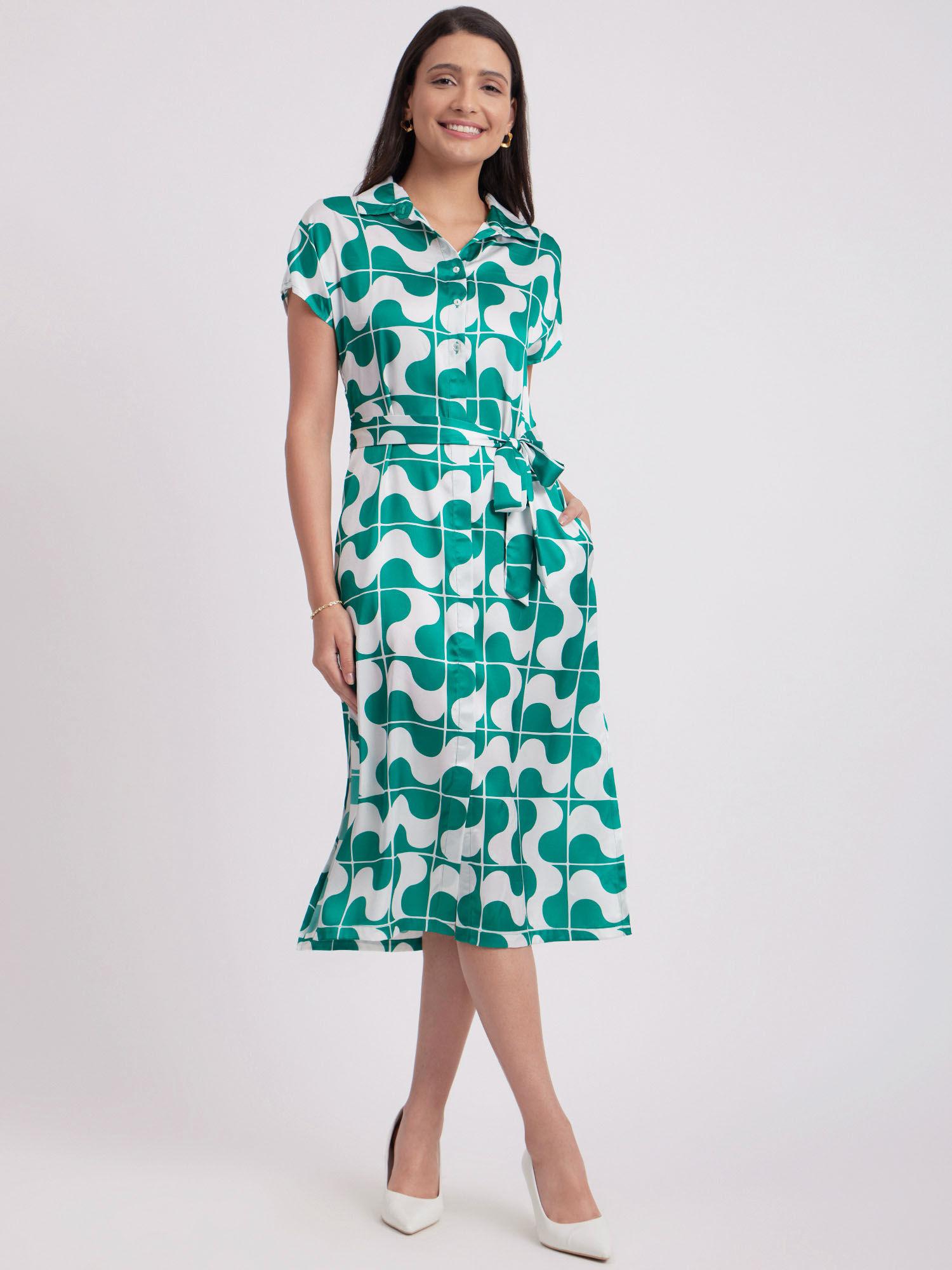 satin geometric print dress - green and white