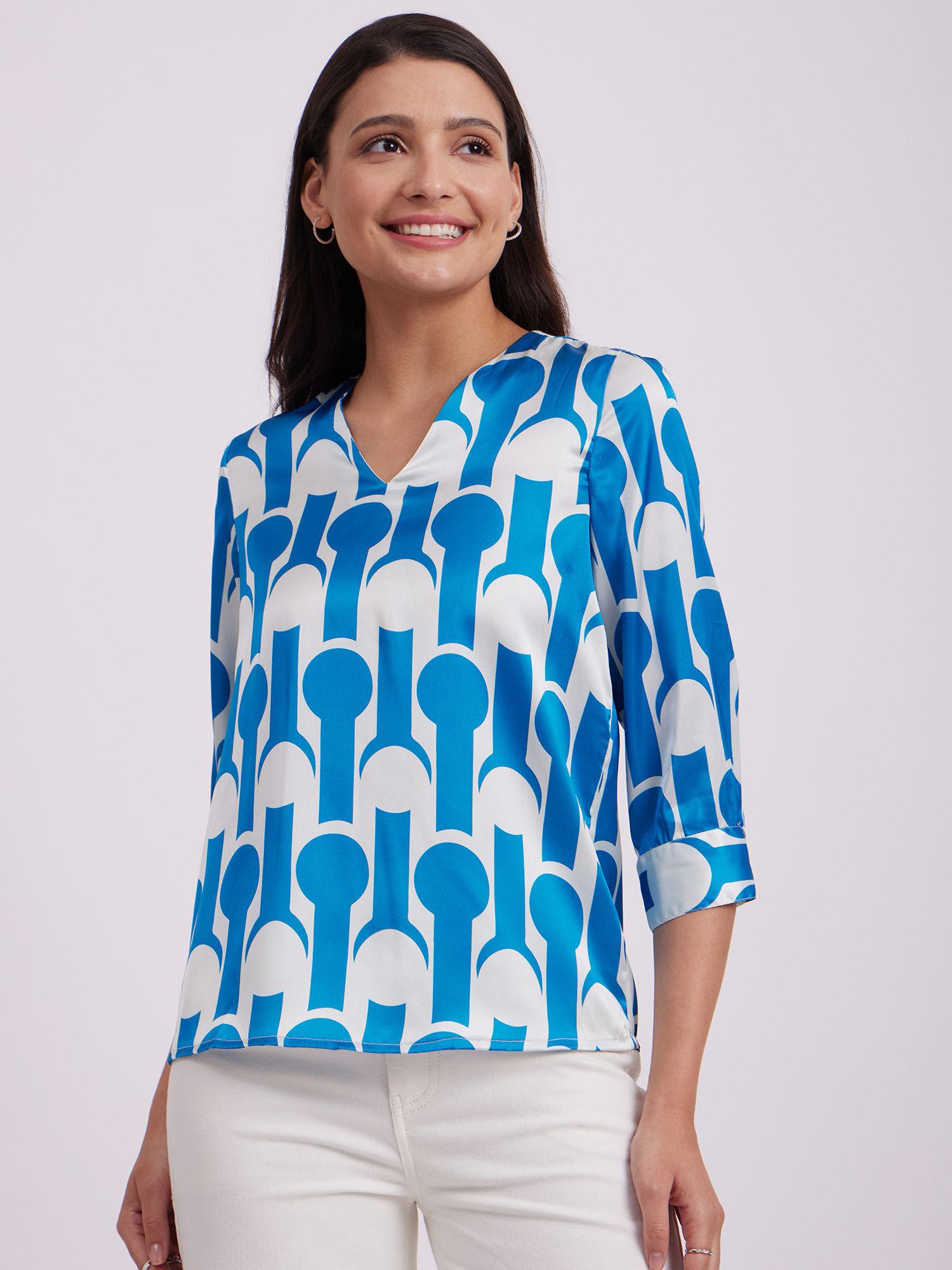 satin geometric print top - blue and white