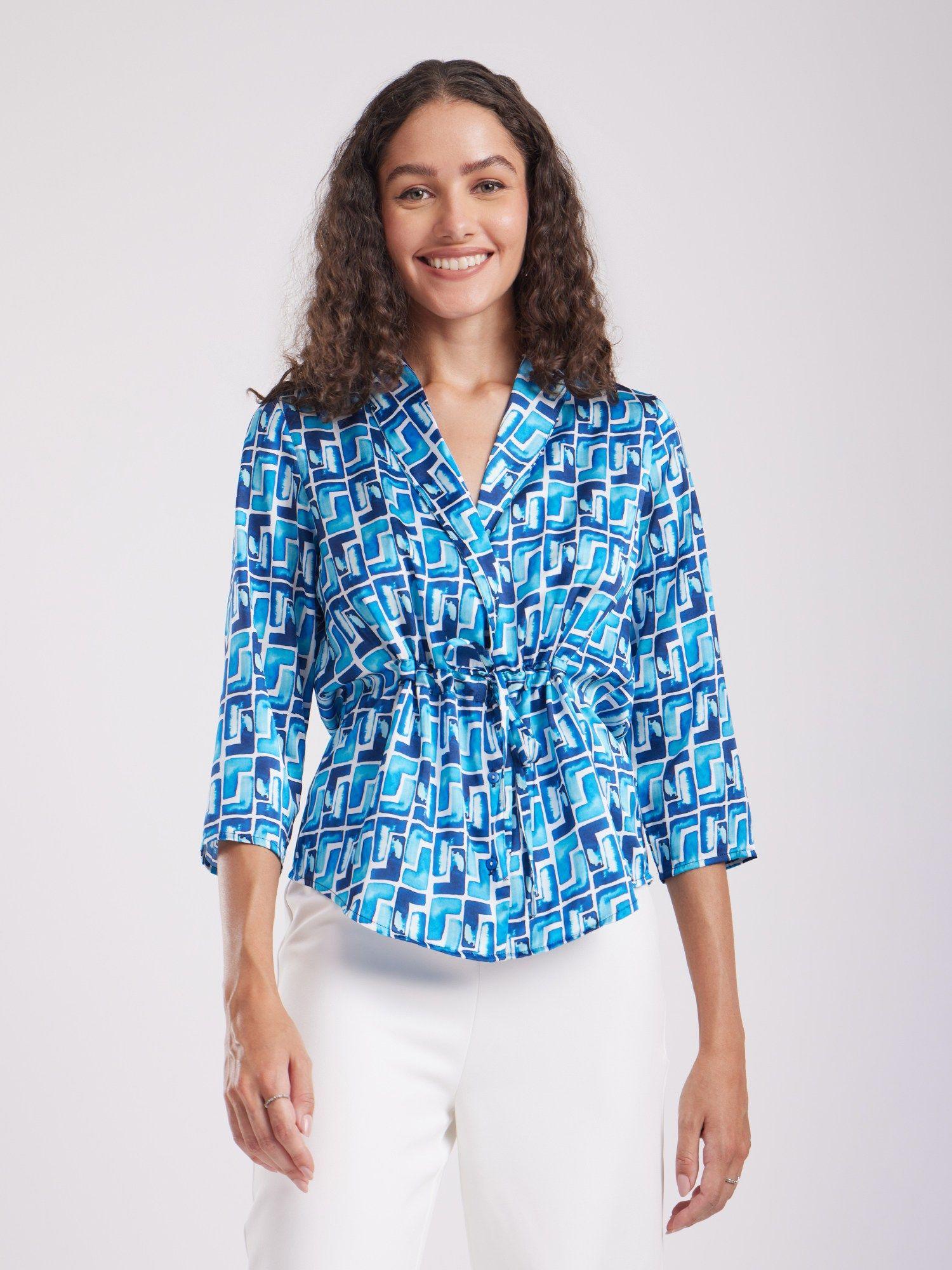 satin geometric print top - blue