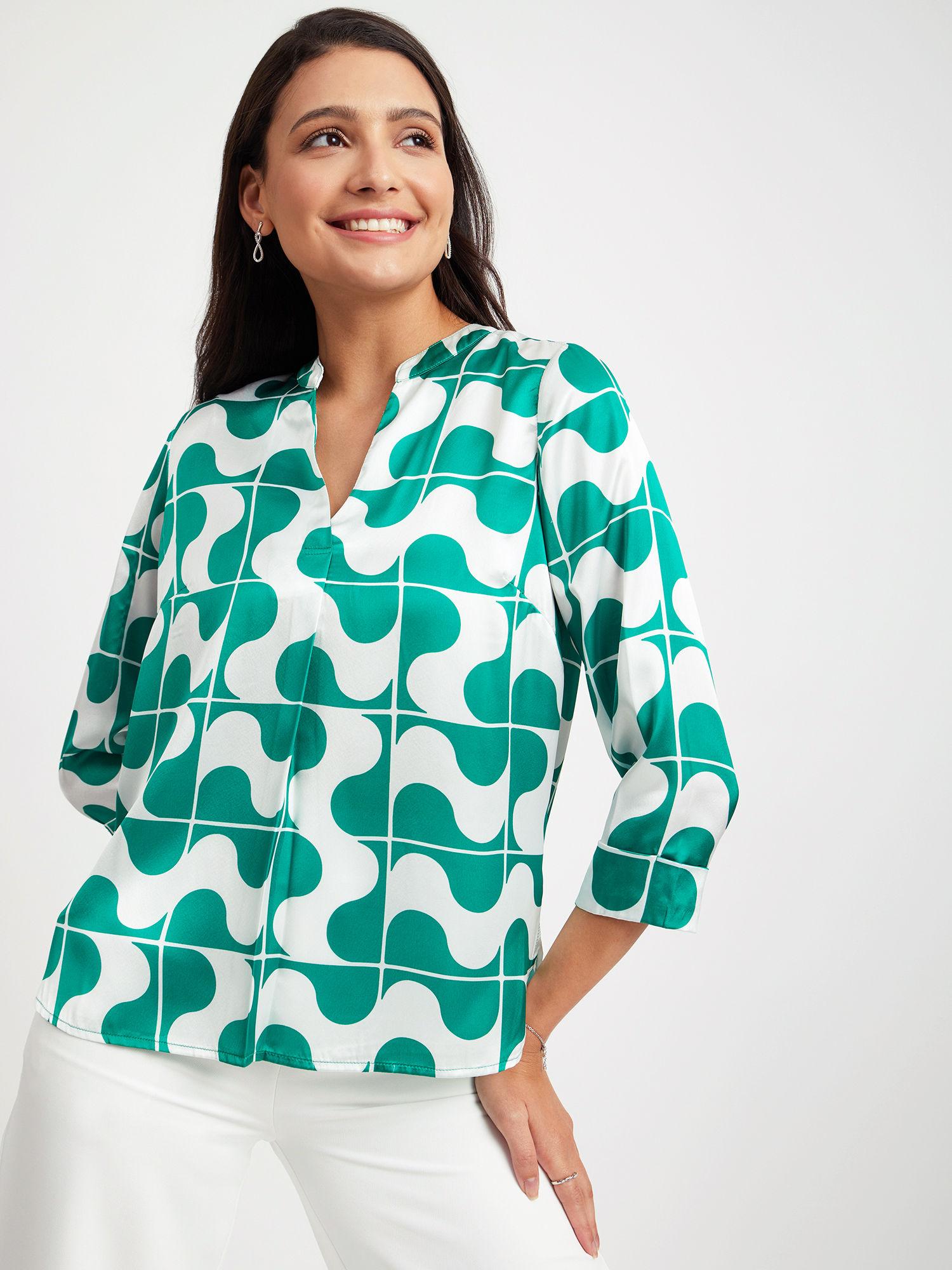 satin geometric print top - green and white