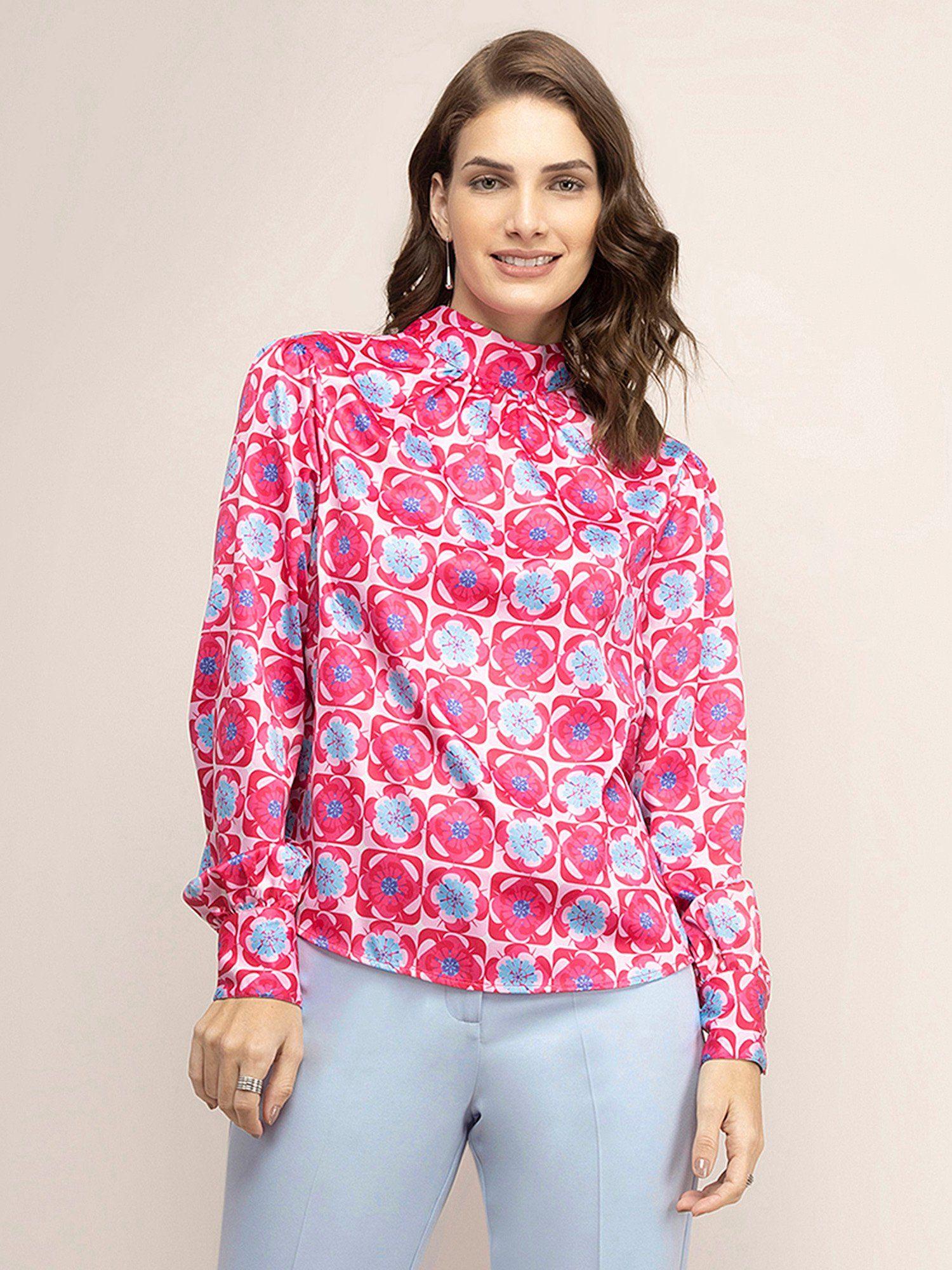 satin geometric print top - pink